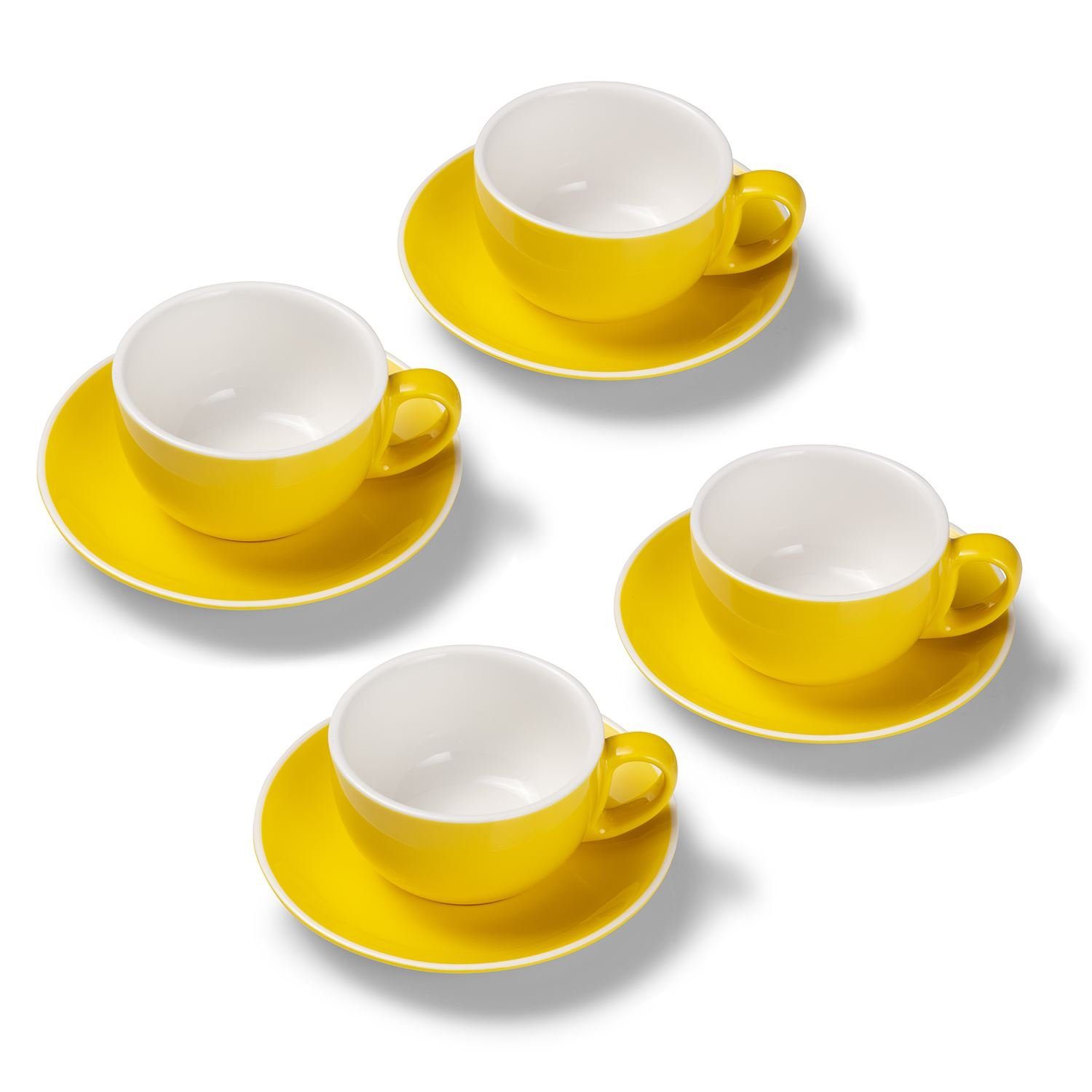 Tasse 4er Milchkaffeetassen-Set, Gelb glossy 350 ml mit Untertasse, Porzellan, spülmaschinenfest,extra dickwandig