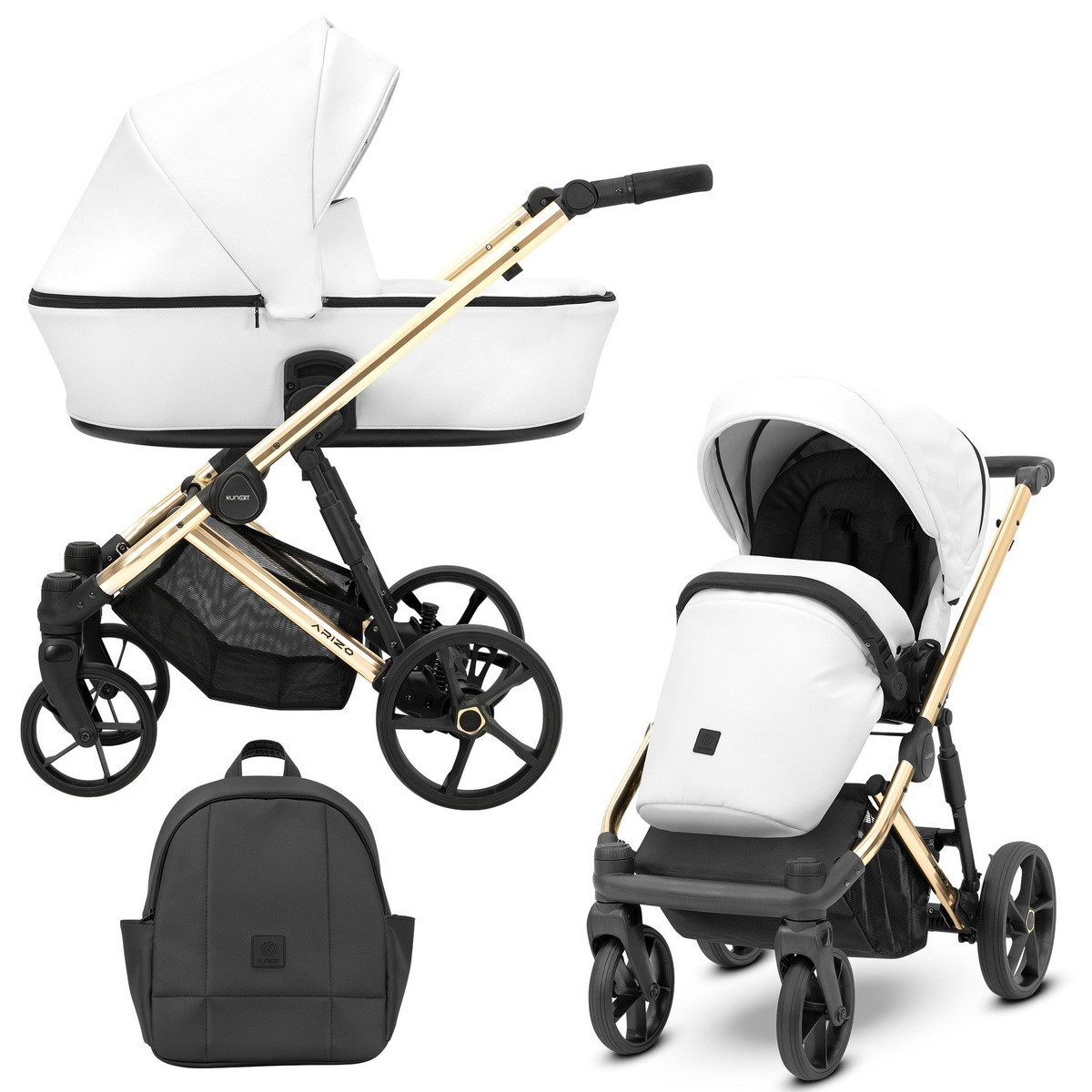 KUNERT Kombi-Kinderwagen ARIZO PREMIUM 2 n1 Öko-Leder Kinderwagen mit goldenem Gestell, 5-Punkt-Gurt, verstellbare Rückenlehne, UV50-Sonnenschutz