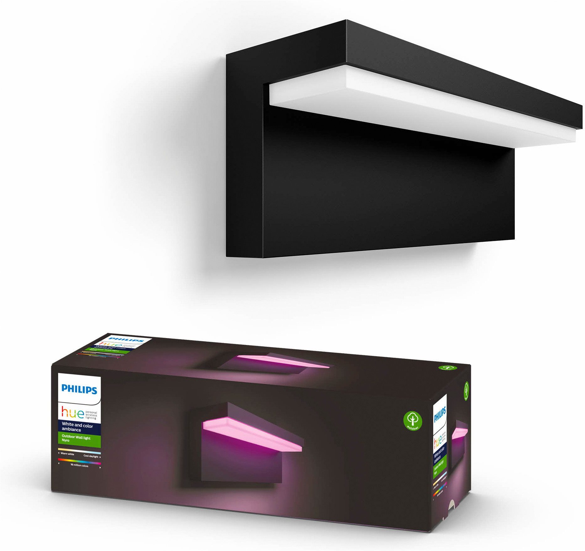 Philips Hue LED Außen-Wandleuchte Outdoor White & Color Ambiance Nyro, Abschaltautomatik, Bluetooth, CCT - über Fernbedienung, Dimmfunktion, Einschlafhilfe, Farbsteuerung, Farbwechsel, Memory, nach Trennung vom Netz, Nachtlichtfunktion, RGB, Smart Home, Timerfunktion, Weckerfunktion, dimmbar über Fernbedienung, mehrere Helligkeitsstufen, LED fest integriert, Farbwechsler, RGB, warmweiß - kaltweiß, Steuerbar per App und Stimme, Smart Home fähig, Farbfähig und Weißtöne