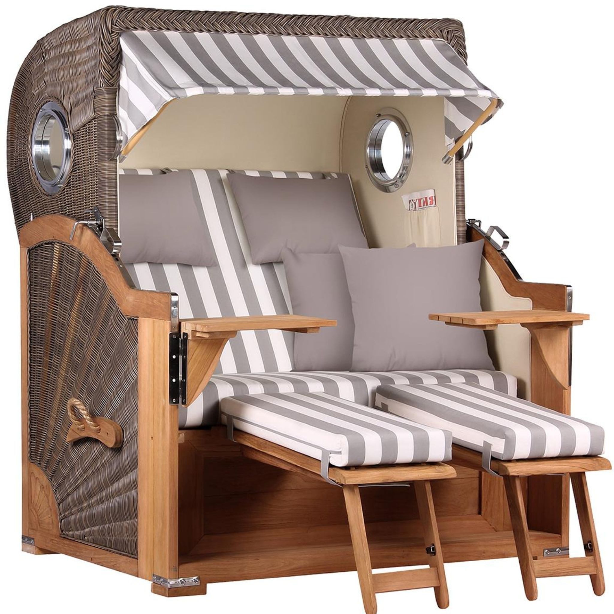 MR.DEKO Strandkorb XXL Baltikum 2,5-Sitzer Bullauge Teak PE Grey 142x170x95, BxTxH: 142x95x170 cm, Volllieger, Baltikum, (Wetterfester 2,5-Sitzer Strandkorb für Garten, Terrasse & Balkon), Volllieger mit Stauraum, Bullaugen & Edelstahl – komplett montiert