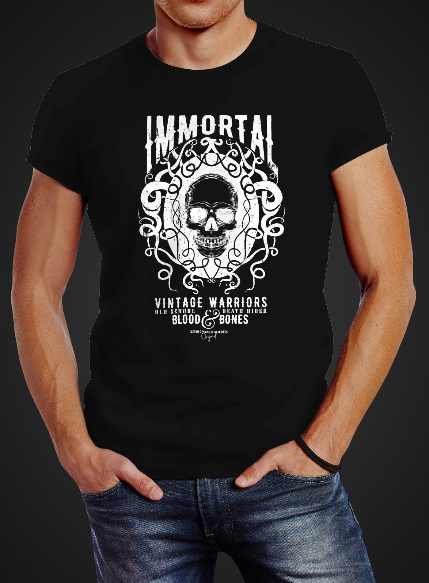 Neverless Print-Shirt Herren T-Shirt Totenkopf mit Warriors Immortal Neverless® schwarz Fit Skull Vintage Print Slim