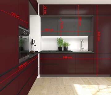 Feldmann-Wohnen Winkelküche Velden, 240cm lava, rubinrot-schwarz / graphit super matt grifflos Teilauszug