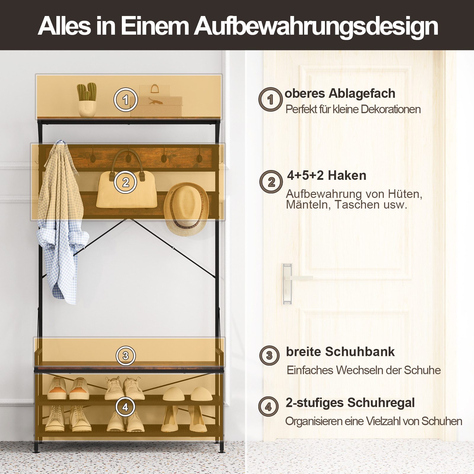 COSTWAY Kleiderständer, mit Sitzbank, Schuhregal mit Garderobe, 11 Haken 184cm