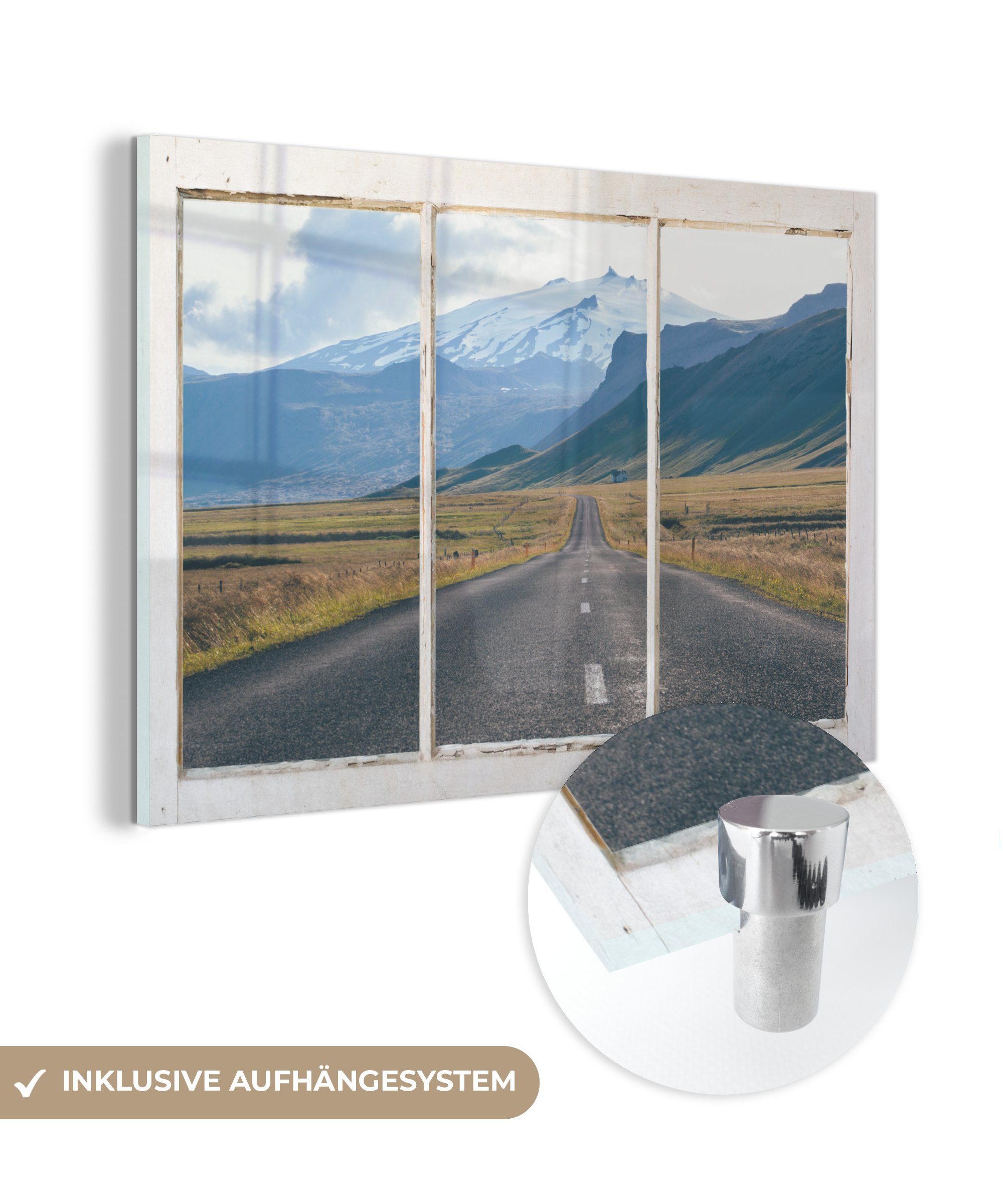 MuchoWow Acrylglasbild Foto Wandbild auf Wanddekoration - Aussicht Glasbilder Bilder Straße (1 Glas Glas - - Berg, St), - auf 