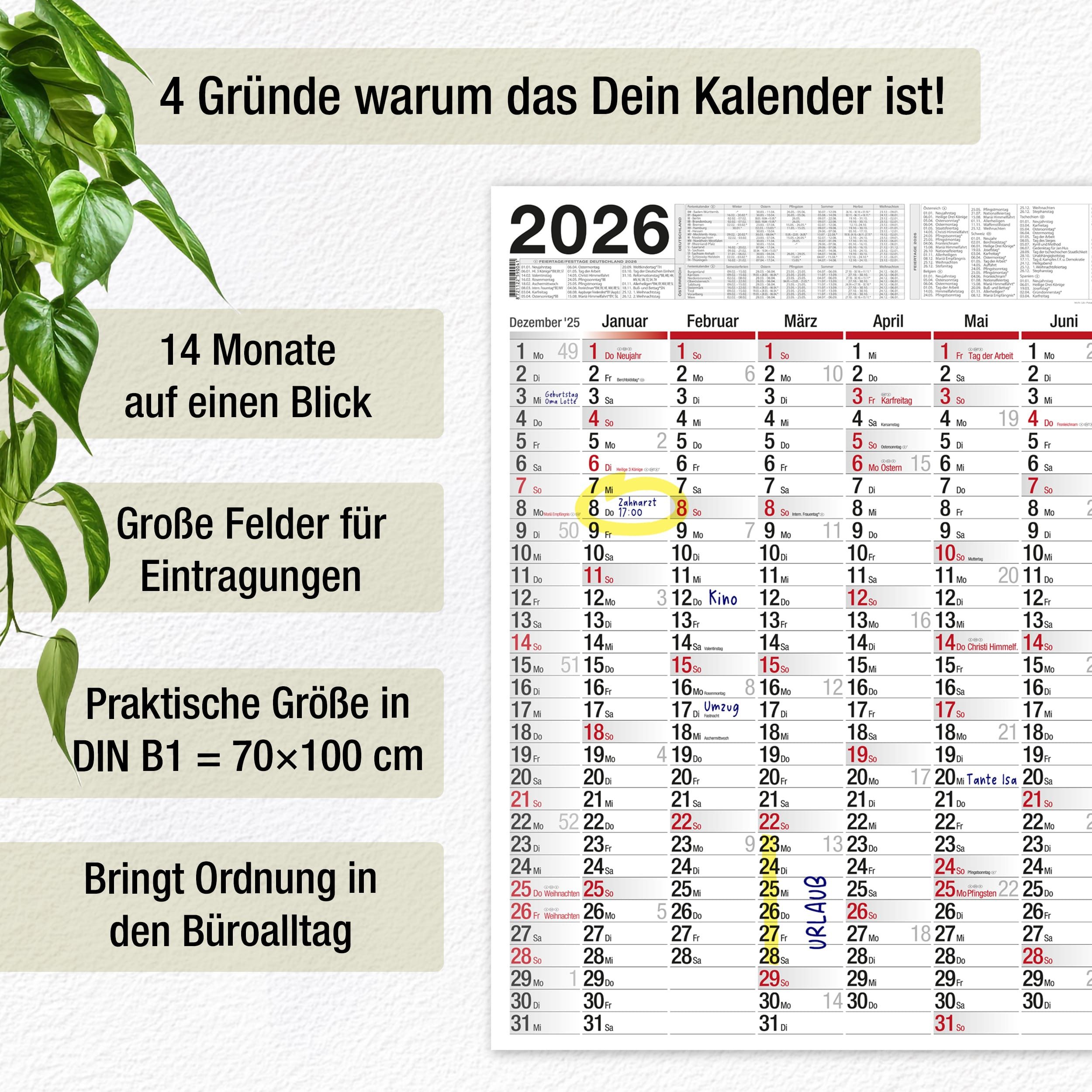 Thumbnail - TOBJA Wandkalender XXL Wandkalender 2026 100 x 70 cm gefalzt, Jahreskalender 2026 Bürokalender Planer
