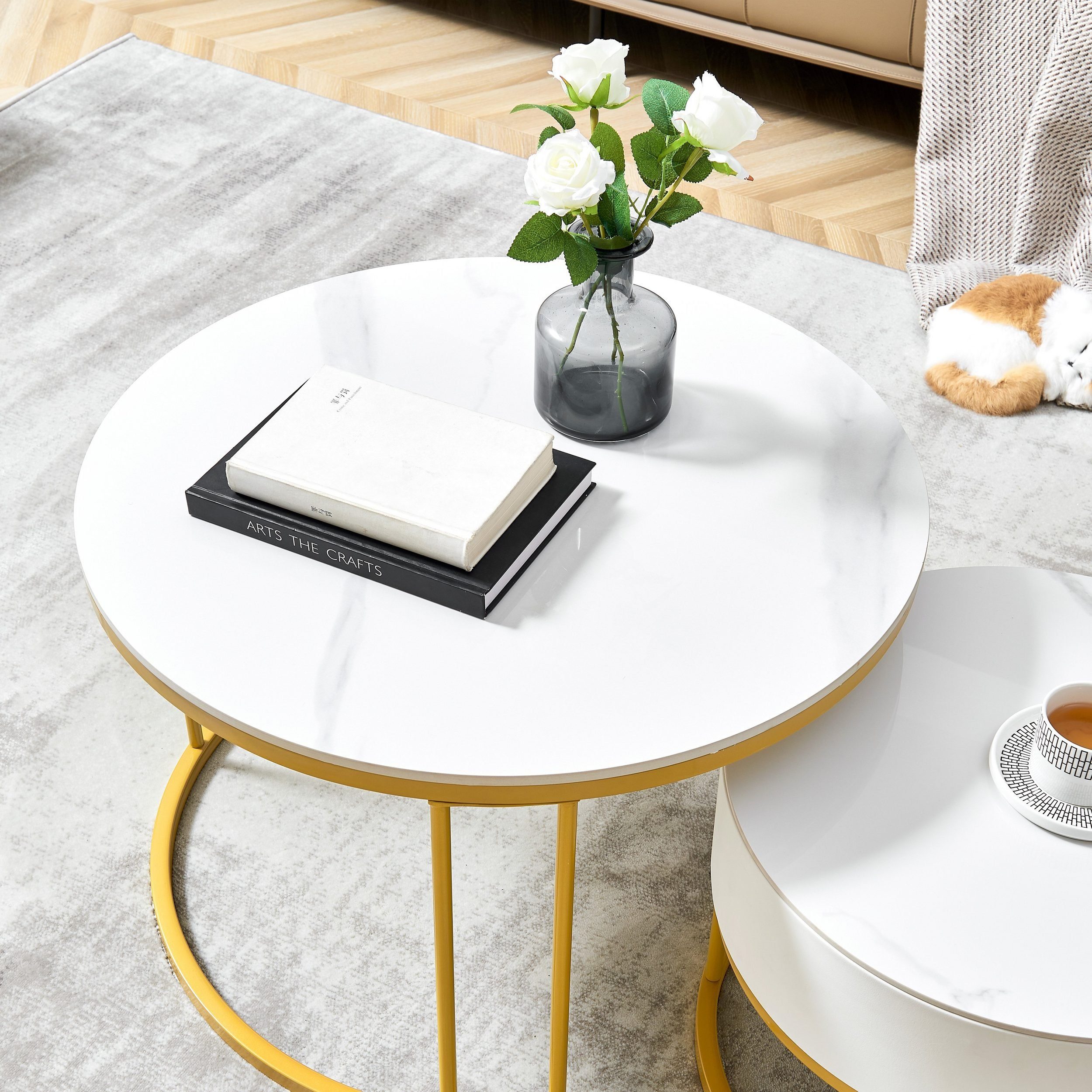 Beistelltisch Schiefer Couchtisch Rund und Wohnzimmertisch Satztisch (aus SPLOE Metallbeinen), robustem und golden Sofatisch Weiß HAUSS Kaffeetisch