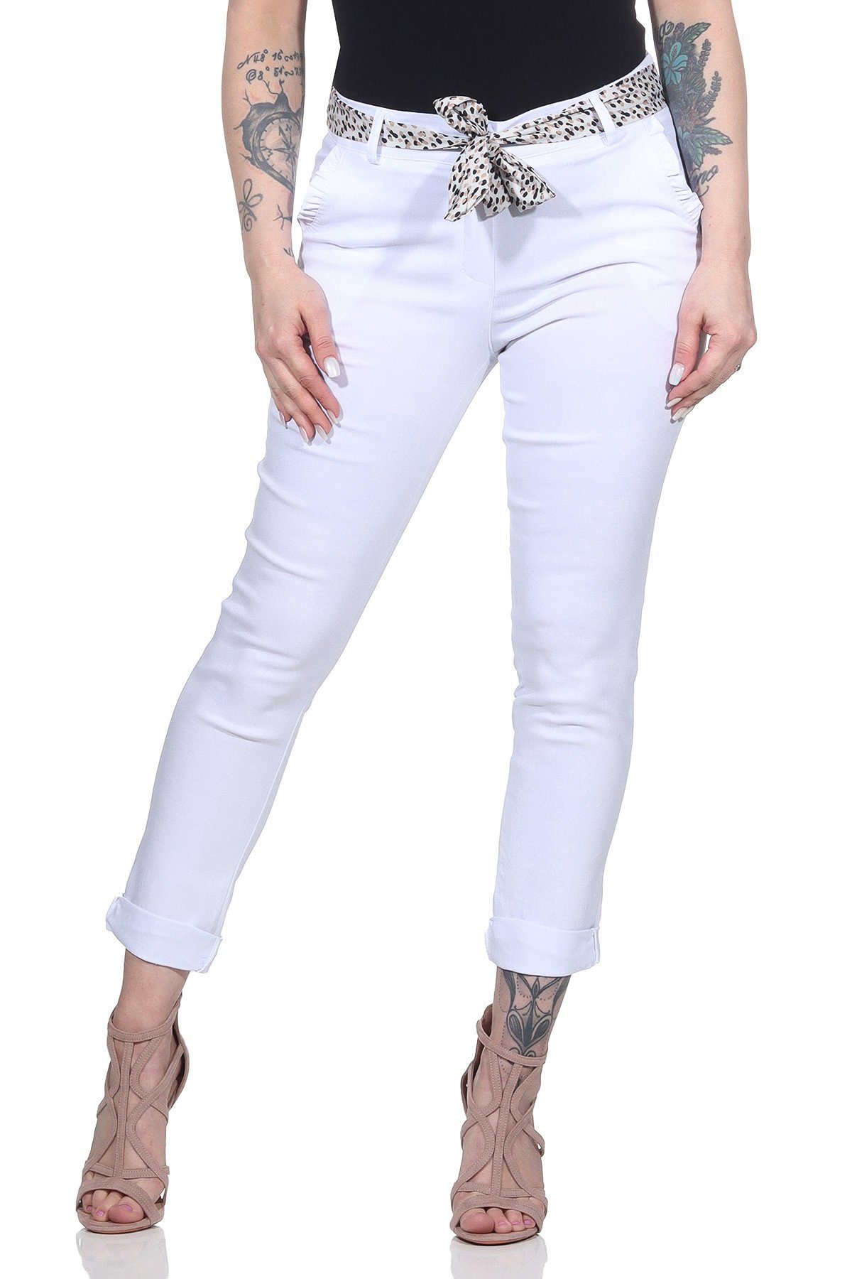 Mississhop Stretch-Hose Female Damen Stretch Klassische Chino Hose mit gemustertem Tuch M. 366 Weiß