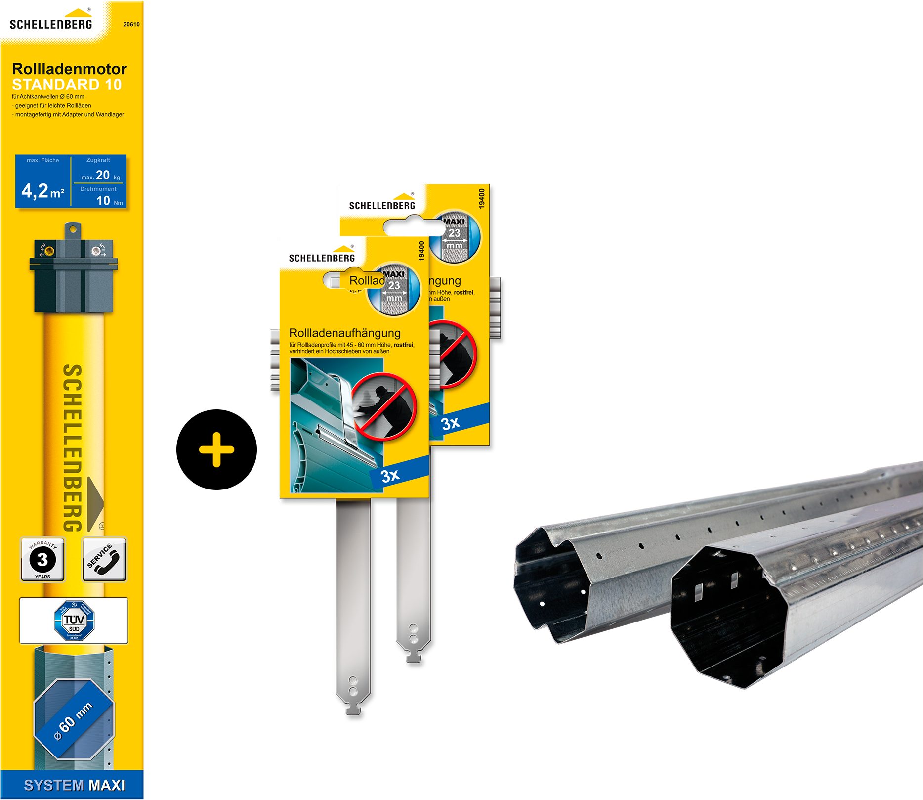 SCHELLENBERG Achtkantwelle Standard, Rohrmotor mit mechanischer Endlageneinstellung, Set, inkl. Stahlrohrwellen-Set, Rollladenaufhängungen für Mini-, Maxisystem