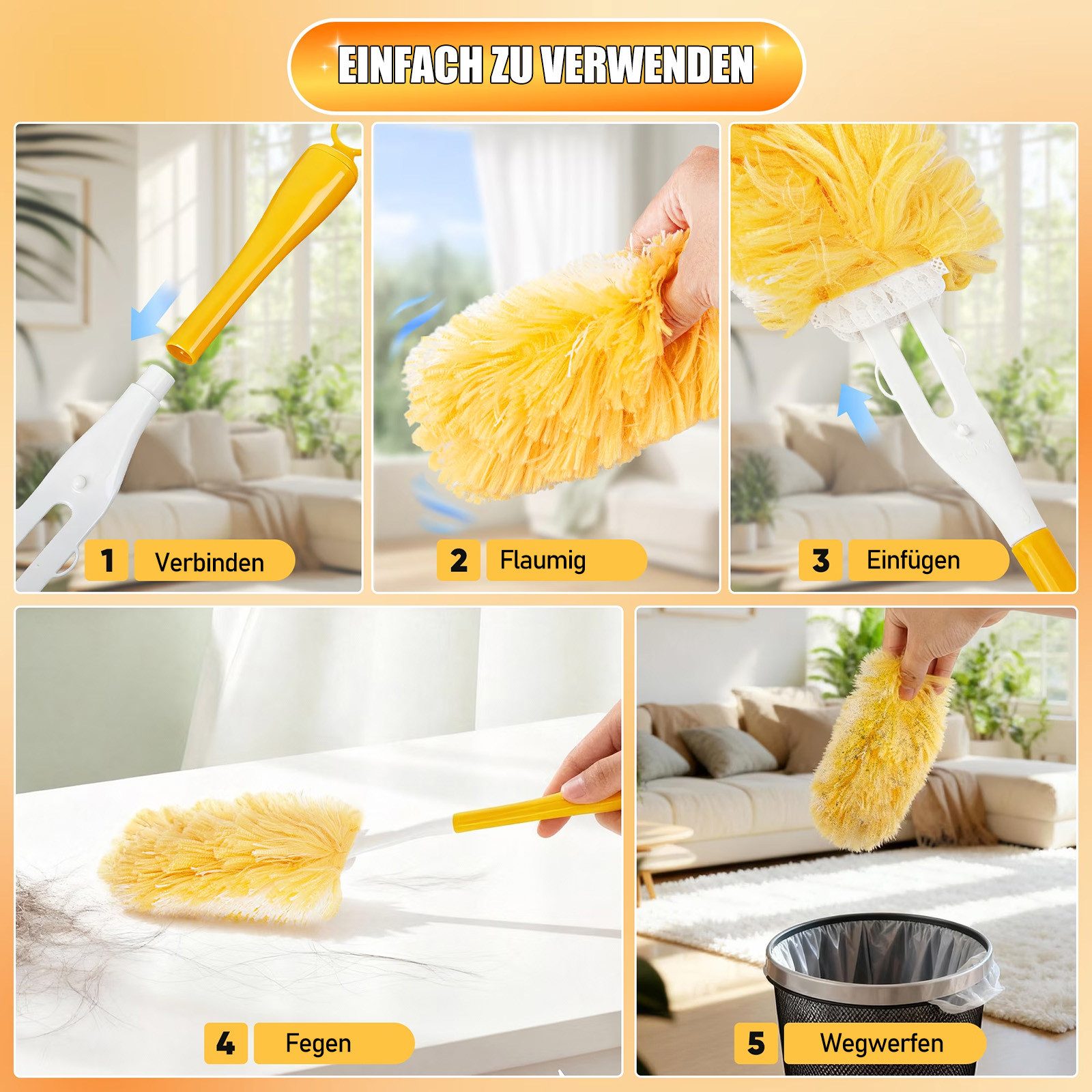 HUGERSTONE Staubwischer 360° Drehung Staubwedel, Staubmagnet mit 30 Mikrofaser Nachfülltücher (Set, 30-St., 1 Handgriff + 30 Staubwedel Tücher), Staubtücher Ein – Bild 5 von 5