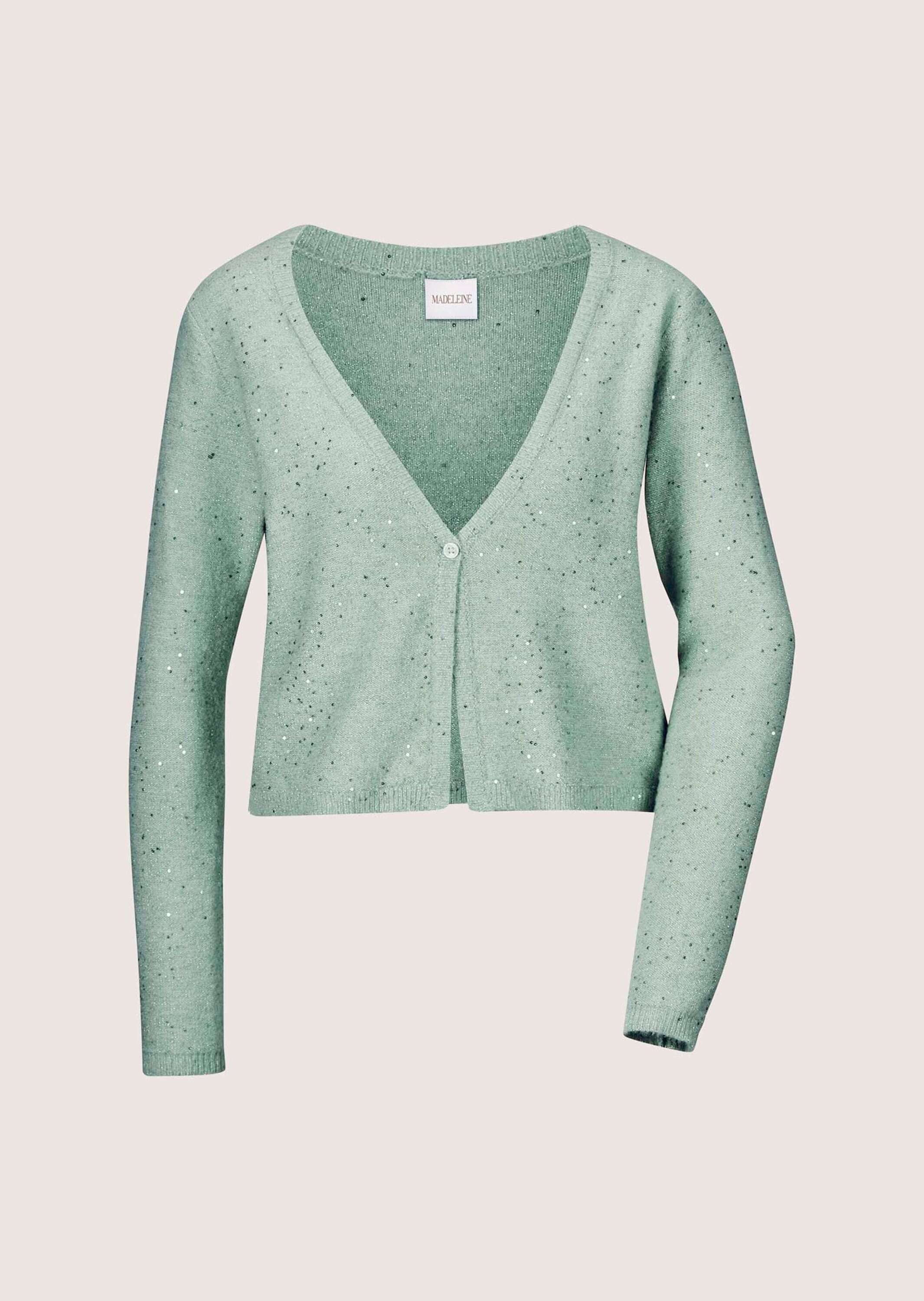 MADELEINE Strickjacke Kurze Bolerojacke mit Glitzer Dekorativer Zierknopf und V-Ausschnitt als Blickfang – Bild 5 von 5