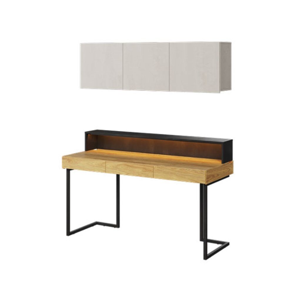 Hickory Feldmann-Wohnen Teen 3-teilig Schreibtisch Flex, Steel Natur Raw betonfarben