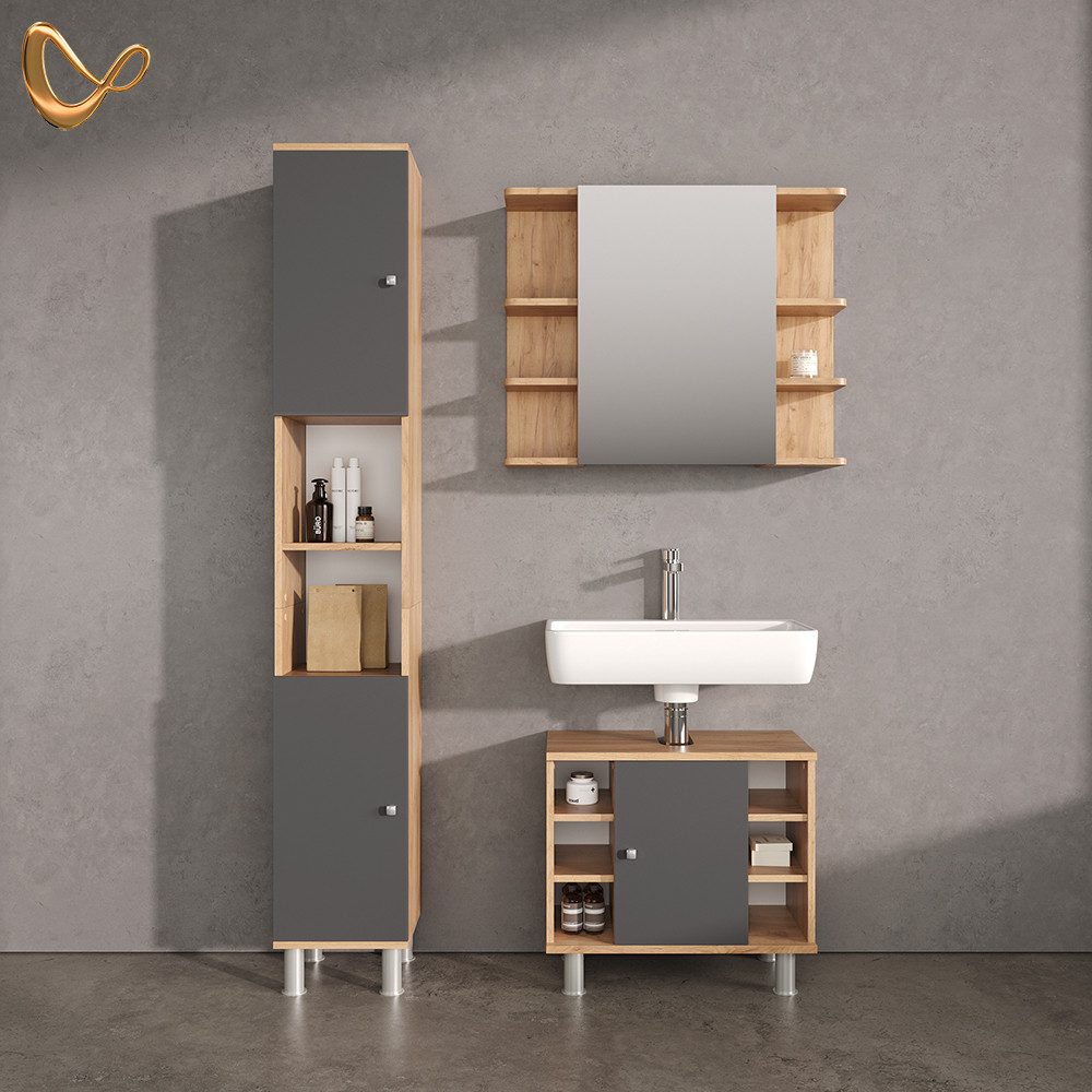 Livinity® Badezimmerspiegelschrank Fucino, Goldkraft Eiche/Anthrazit, 79.6 x 64 cm (1-St)