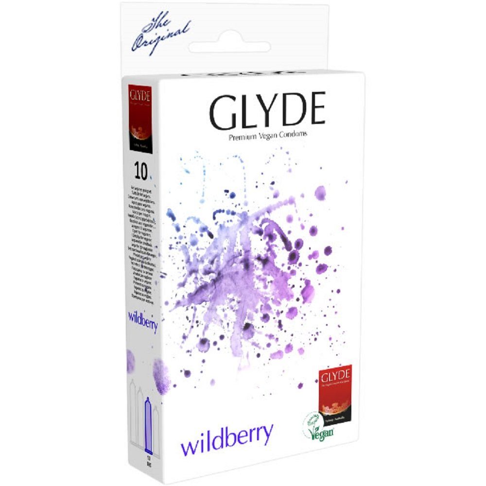 Reißfest mit Veganblume, Waldfrucht-Aroma der Glyde Glyde 10 mit Zertifiziert Ultra & St., mit, Kondome Gefühlsecht Packung violette Kondome «Wildberry»