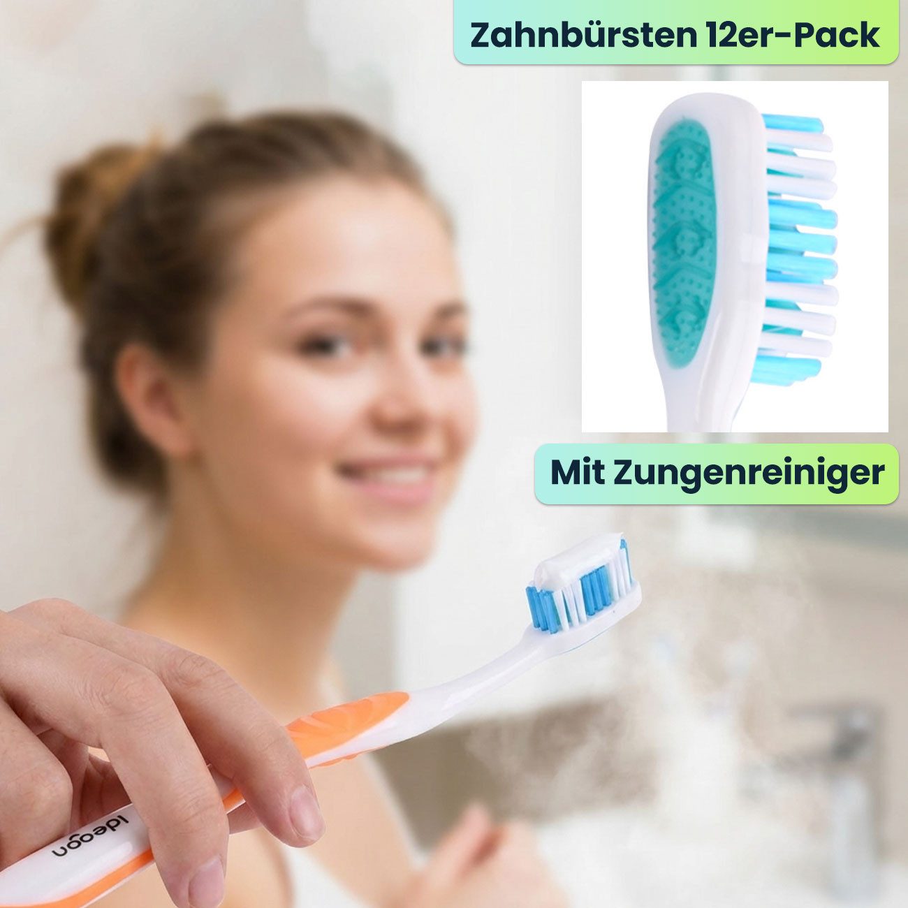 shop'n smile ideoon Zahnbürste Handzahnbürsten Set Hart mit Zungenreiniger, 12er- / 24er-Pack, Zahnbürsten-Familienpackung mit Wellenprofil & einzeln verpackt