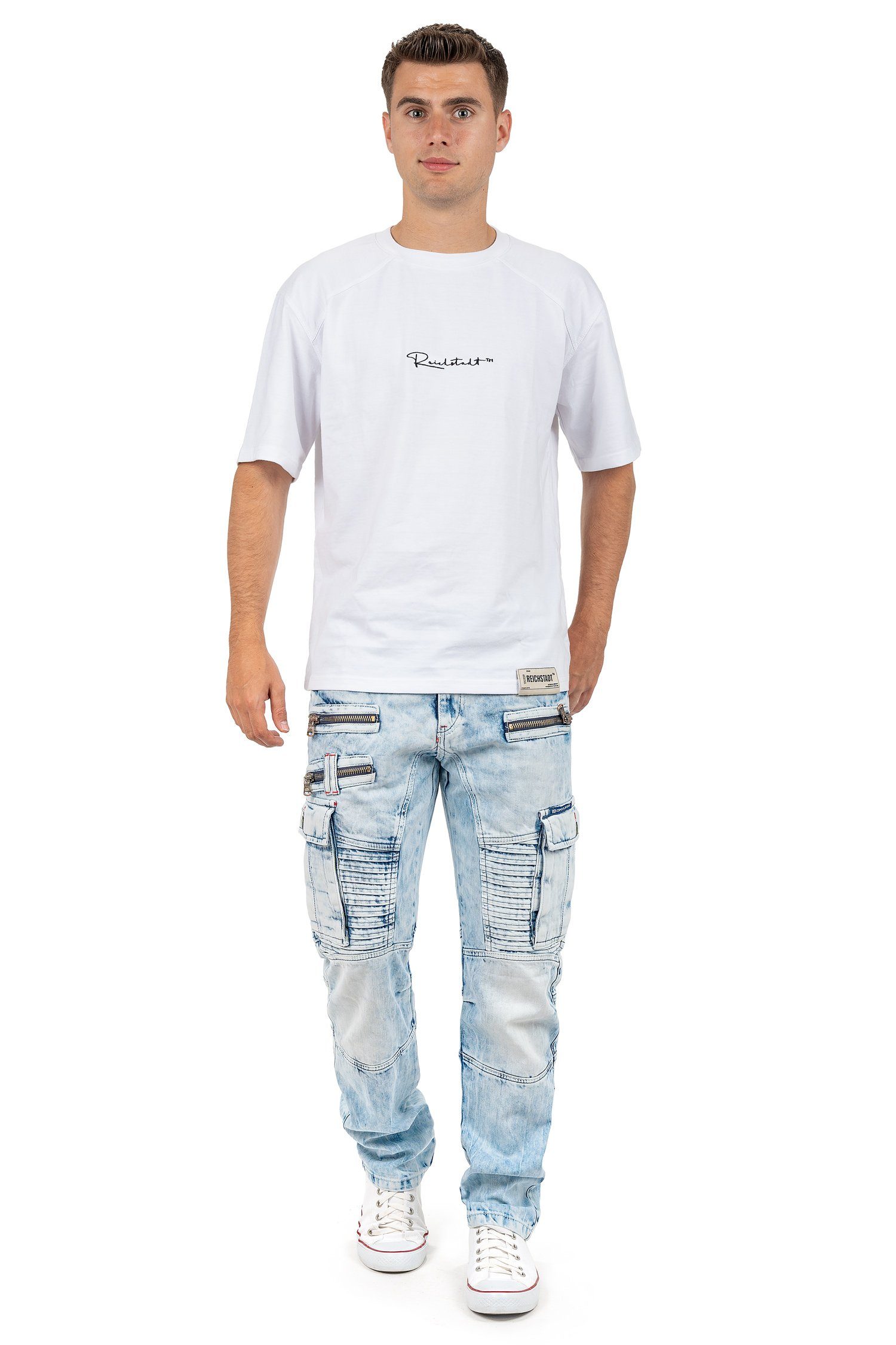 Cipo & Baxx Bikerjeans Herren regular fit Hose Stonewashed BA-CD798 Iceblue im Cargo-Style mit 5-Pocket-Style und Rippenmuster