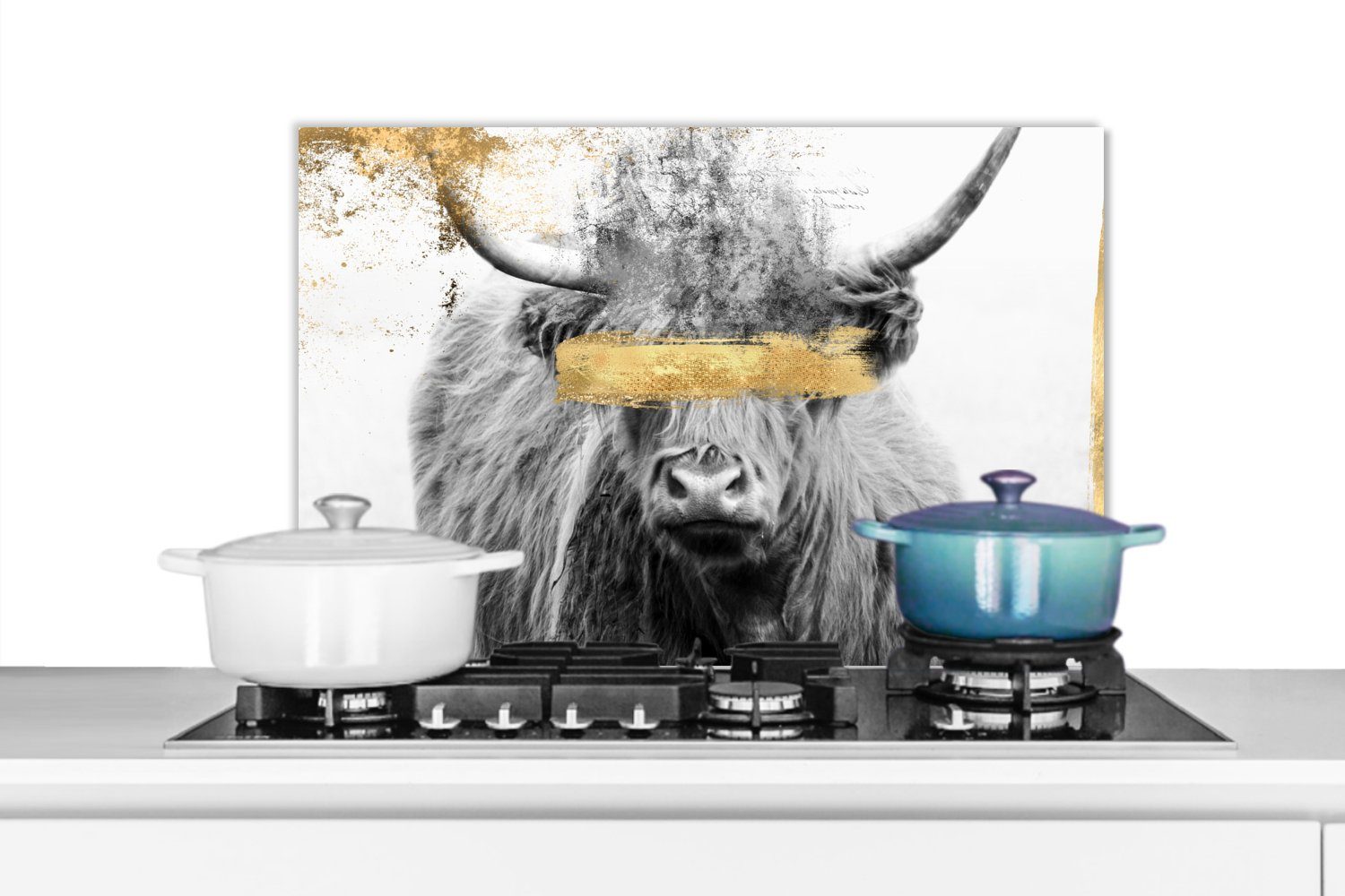 MuchoWow Küchenrückwand Schottischer Highlander - Gold - Schwarz - Weiß, (1-tlg), 60x40 cm, Herdblende aus Wandschutz, Temperaturbeständig küchen