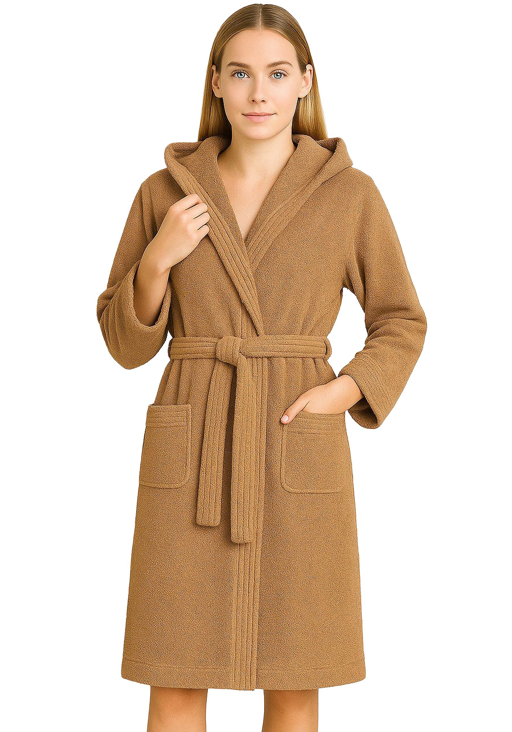 BARBONS Damenbademantel Barbons Bademantel Damen, Morgenmantel Baumwolle mit Kapuze, Kapuze, Bindegürtel, Taschen, Gürtel, Langform, Walkfrottee, Kapuze, Gürtel, 2 Taschen