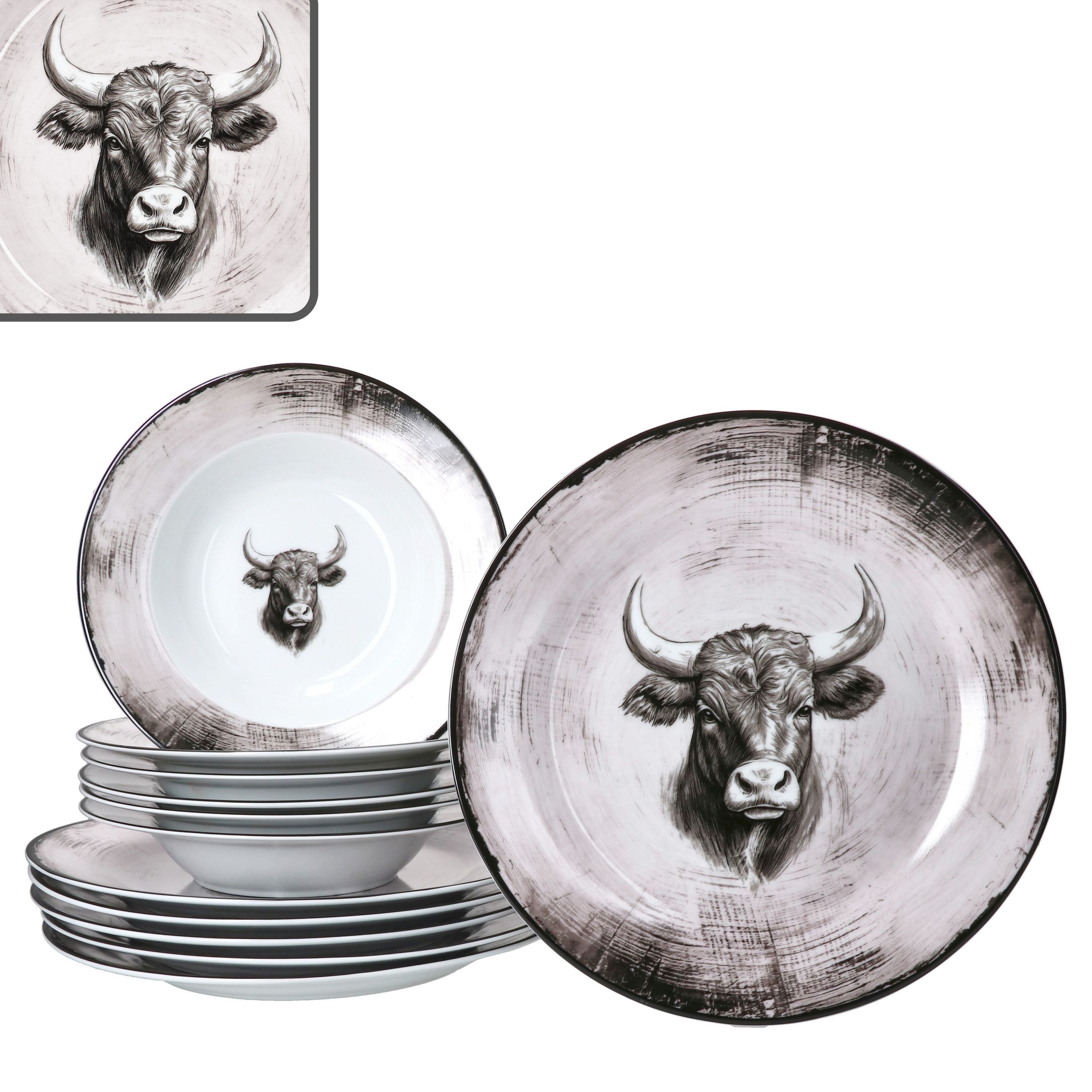 MamboCat Tafelservice MamboCat Toro 12tlg Tafelservice Speiseteller Suppenteller Kuh rosa, Porzellan