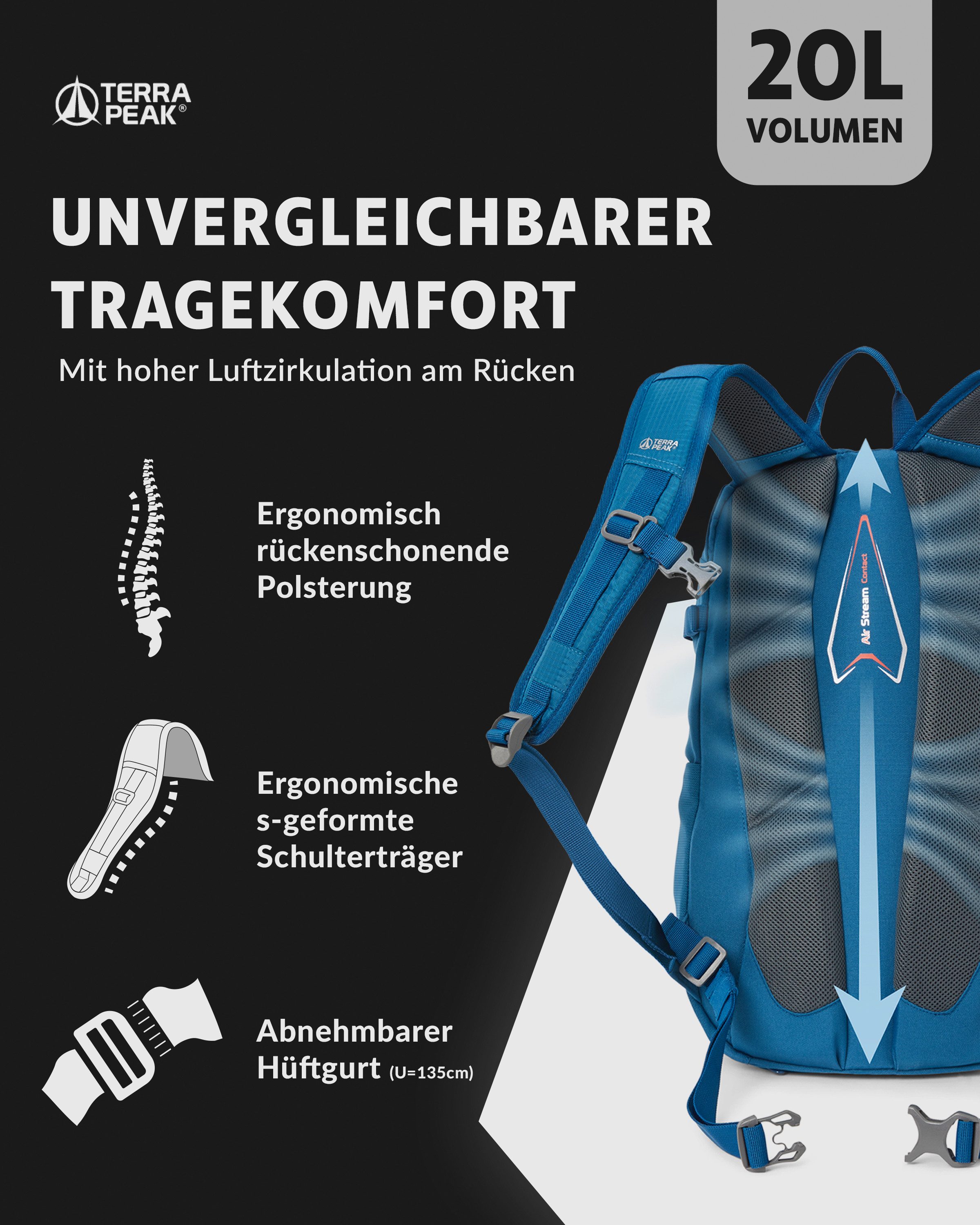 Terra Peak Wanderrucksack Flex 20, 20L klein mit YKK Reißverschluss Trekkingrucksack mit Hüftgurt