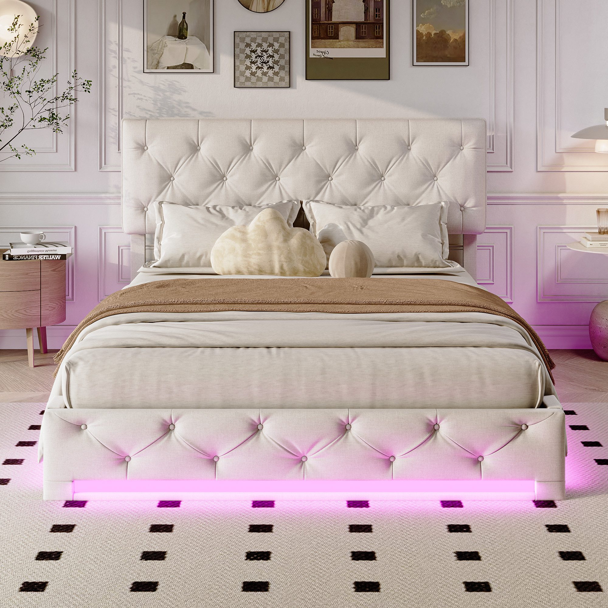 ADWOLT Stauraumbett Polsterbett Doppelbett mit LED-Beleuchtung (Gepolstertes Kopfteil mit getuftetem Knopfdesign), Hydraulikbett Funktionsbett, ohne Matratze, Leinen, Beige, 160x200cm