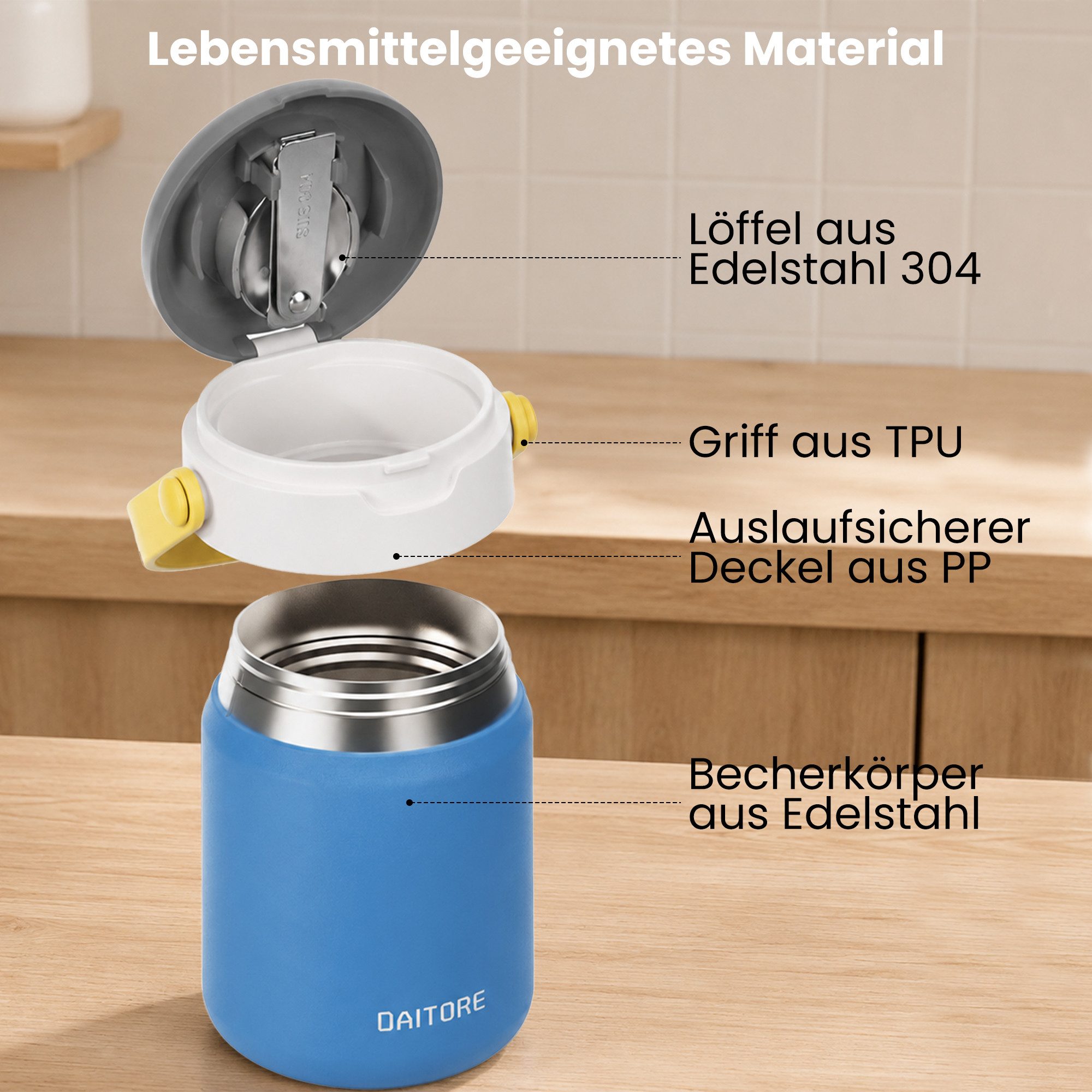 DAITORE Thermobehälter 480ml Thermobehälter Edelstahl 304 mit Löffel, auslaufsicher, (Geeignet für Büro, Schule, Reisen, Vielseitige Anwendung), 5h warm & 8h ka – Bild 5 von 5