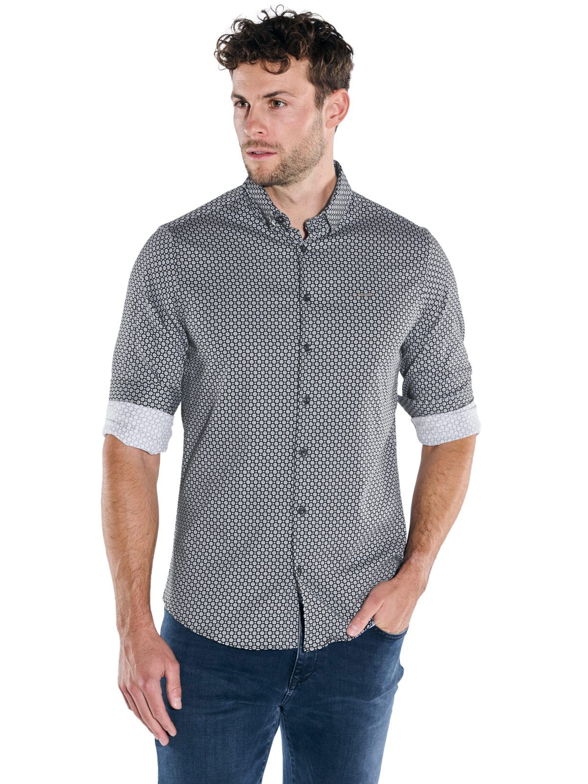 emilio adani Langarmhemd Herren Langarm-Hemd gemustert, Schwarz günstig online kaufen