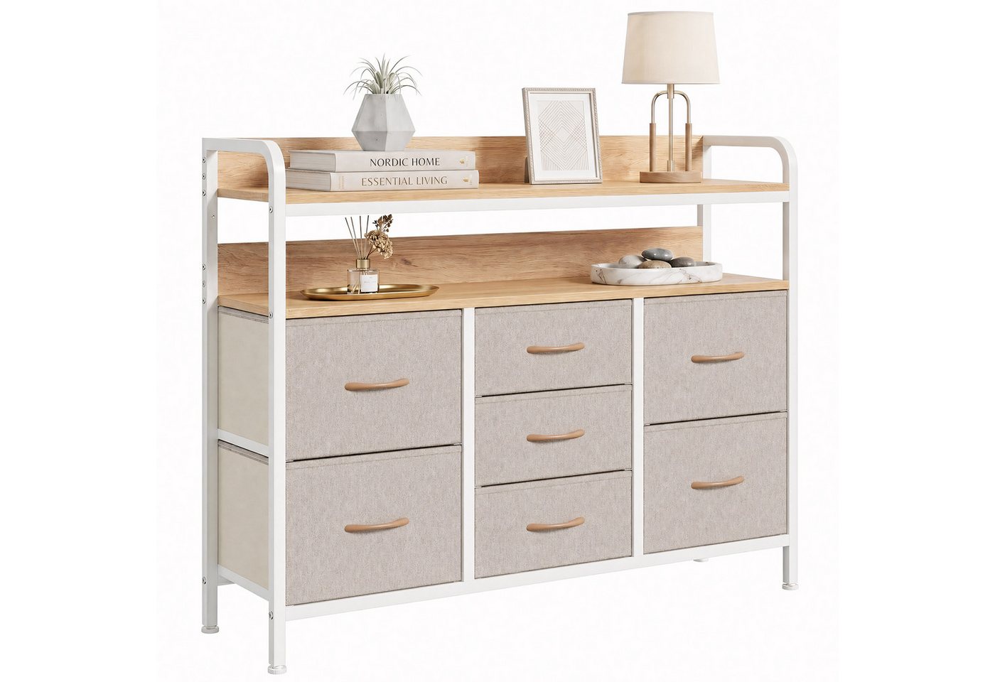 Refined Living Kommode Stoffkommode mit 6/7/8 Schubladen mit 2 offenen Ablagen Komodenschrank (Holzplatte und Metallrahmen, wasserdicht, Platzieren Dekorationen, Große Kapazität Aufbewahrungsmöbel, Sideboards, Schubkastenkommode), für Wohnzimmer, Kinderzi
