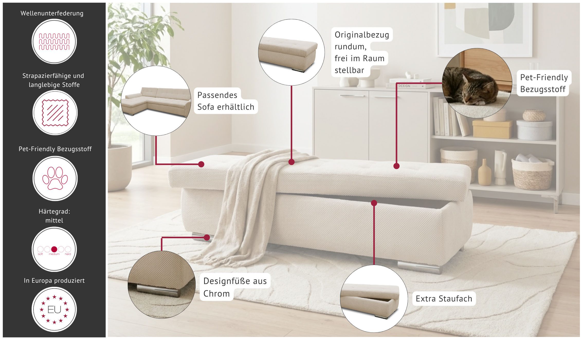OTTO home Hocker Tornby 161 cm breit, Großer Hocker mit Staufach