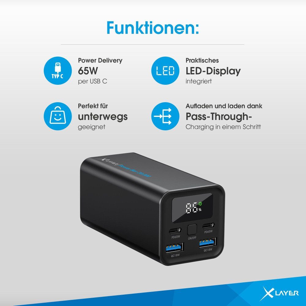 XLAYER Powerbank Power Bar 20.000-mAh 65 Watt PD Black Solar Powerbank