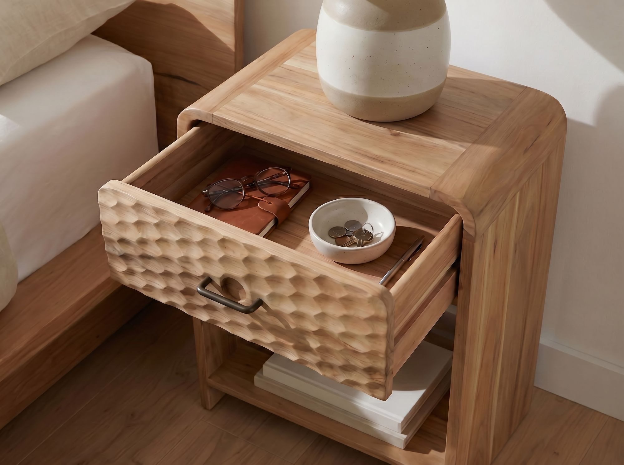 FineBuy Nachtkonsole Mango Massivholz 54cm Nachttisch Modern - Nachtkommode mit Schublade - Hohes Nachtkästchen Schlafzimmer mit Stauraum – Bild 5 von 5