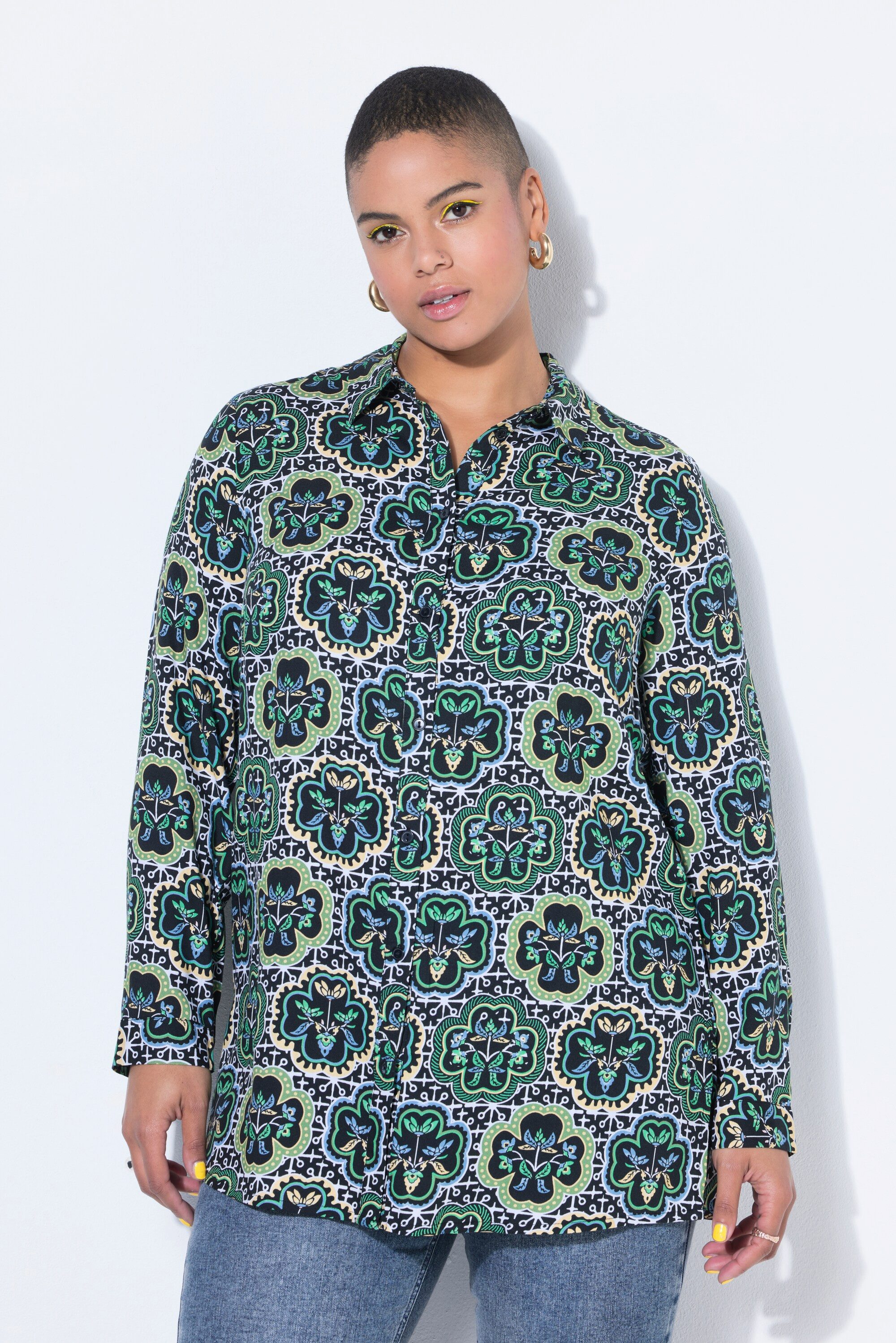 Hemdbluse Hemdbluse Straight Shape Kachel-Print Langarm