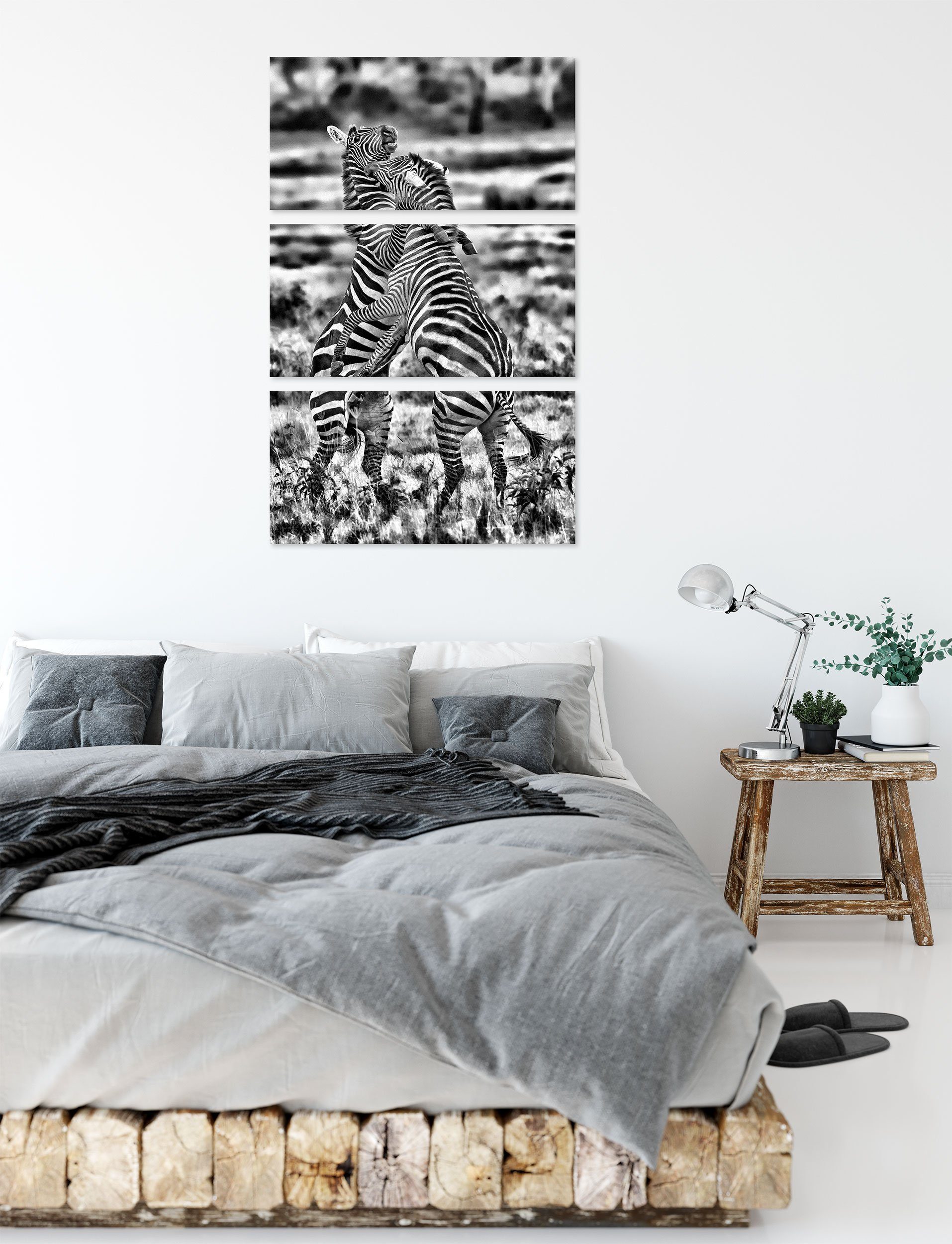 Zebras St), Pixxprint kämpfende bespannt, inkl. Leinwandbild (1 (120x80cm) 3Teiler Zackenaufhänger kämpfende fertig Zebras, Leinwandbild
