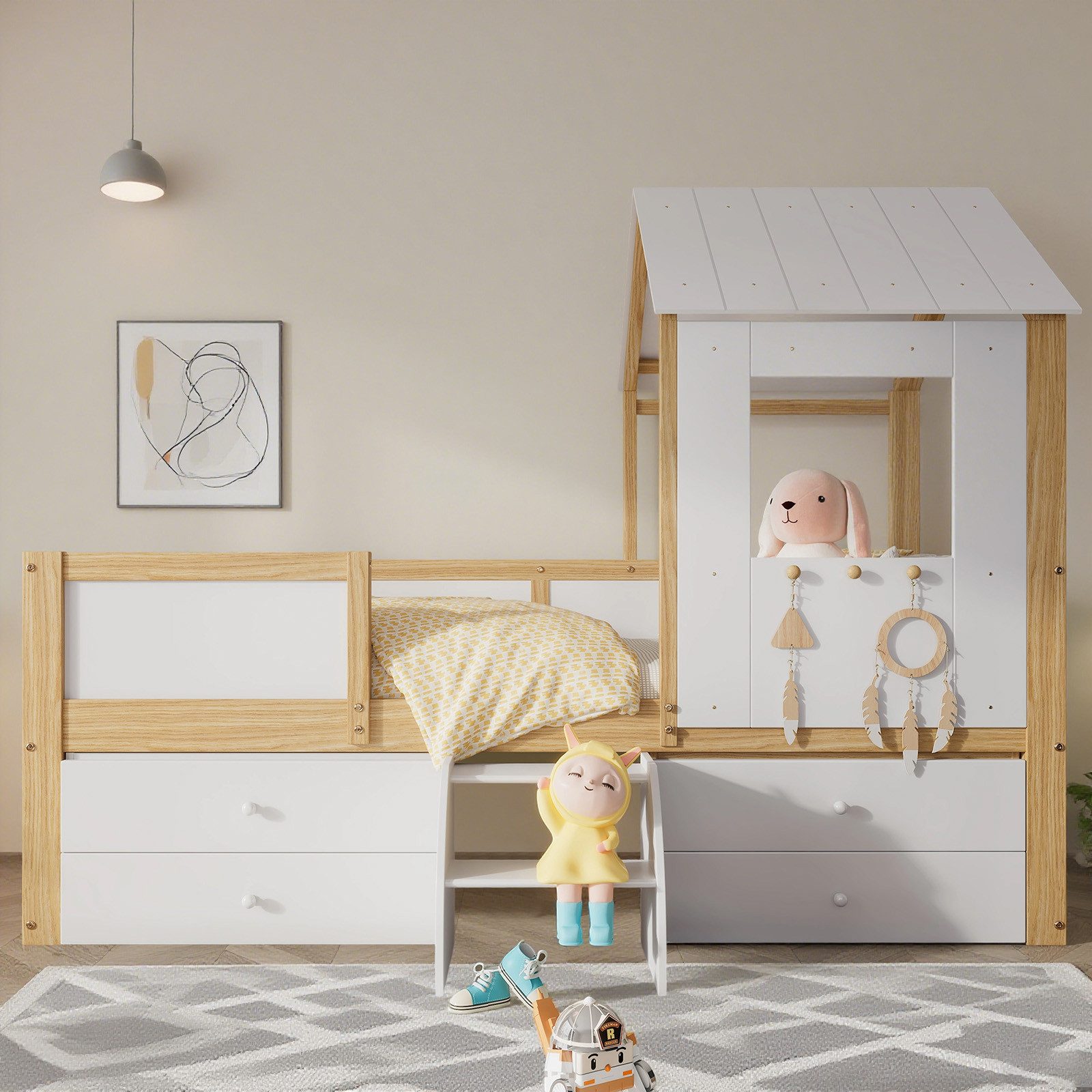 MODFU Kinderbett mit Dach & Fenster (Einzelbett mit Stauraum, 4 Schubladen, günstig online kaufen