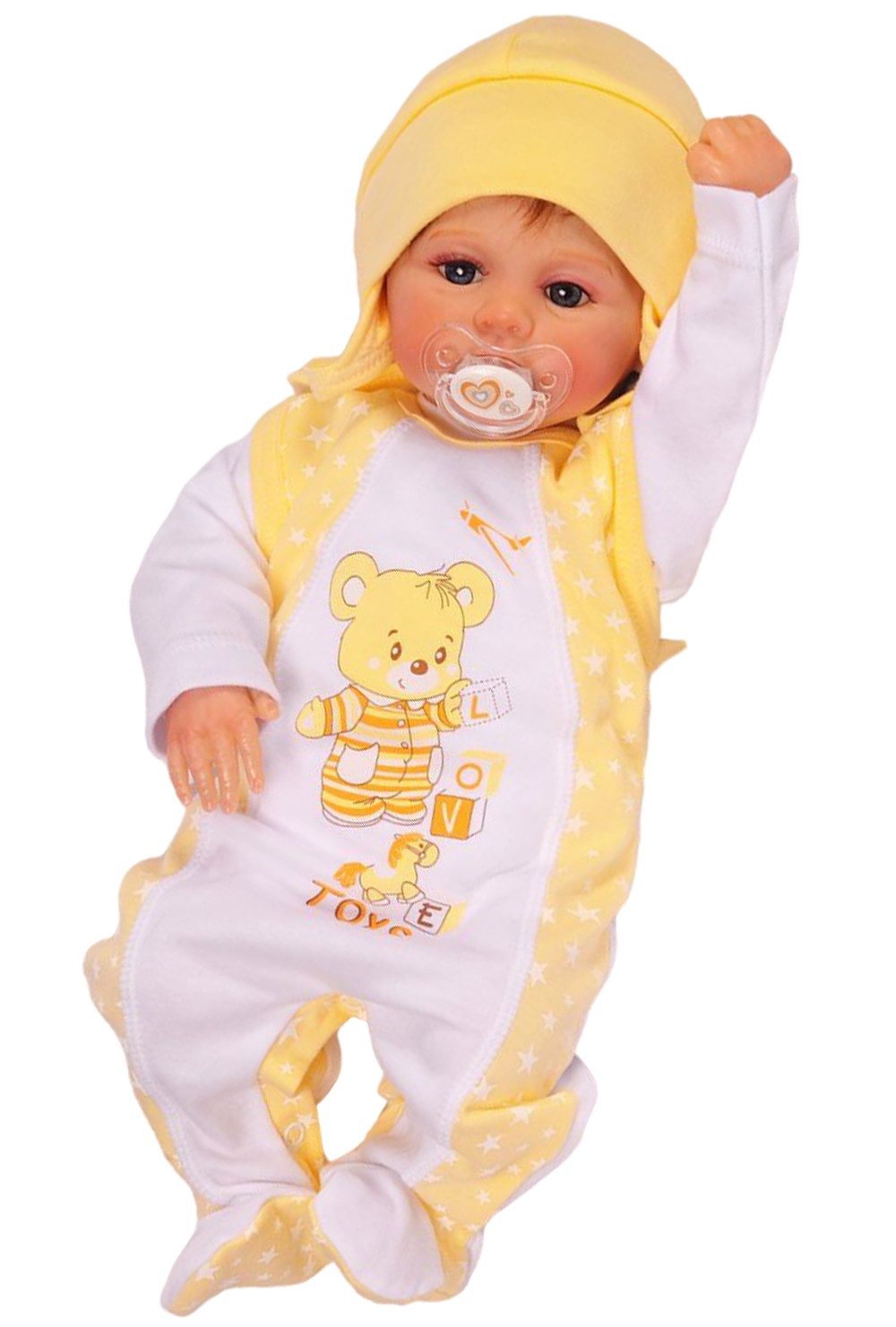 La Bortini Strampler Stramplerhose Shirt Mütze Baby Anzug in Weiß Gelb mit Bärchen aus reiner Baumwolle, 44 50 56 62 68 74