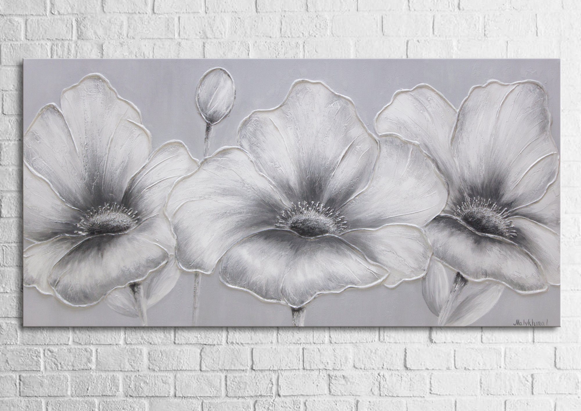 Handgemalt Blumen, Blumen, Schwarz auf Bild Weiß Leinwand YS-Art Grau Blumen Gemälde