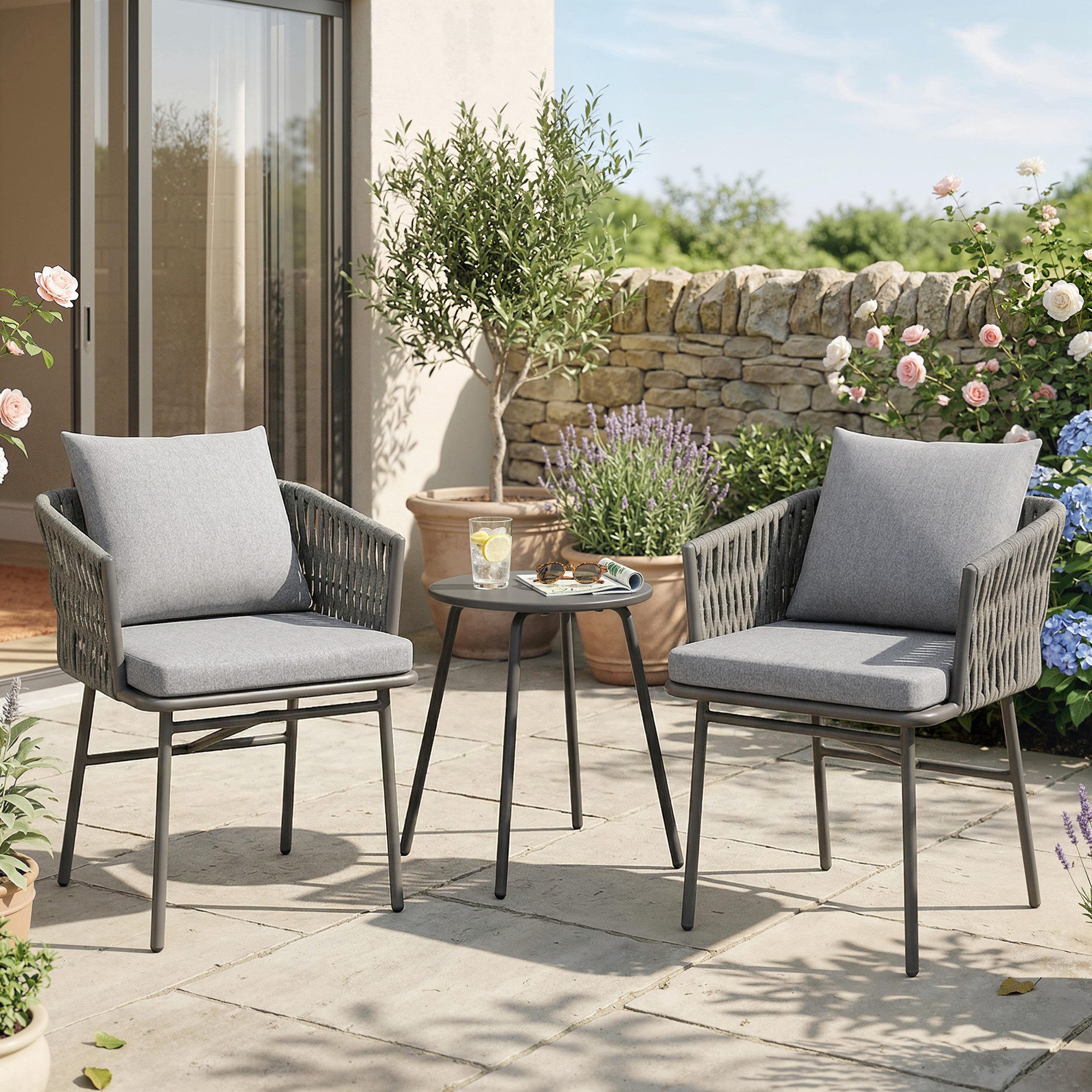 Outsunny Sitzgruppe Balkonmöbel-Set mit 2 Gartensesseln, Couchtisch, abnehmbar Kissen, (Gartengarnitur, 3-tlg., 3-tlg. Rattan Bistroset), für Garten, Terrasse, Stahl, Grau