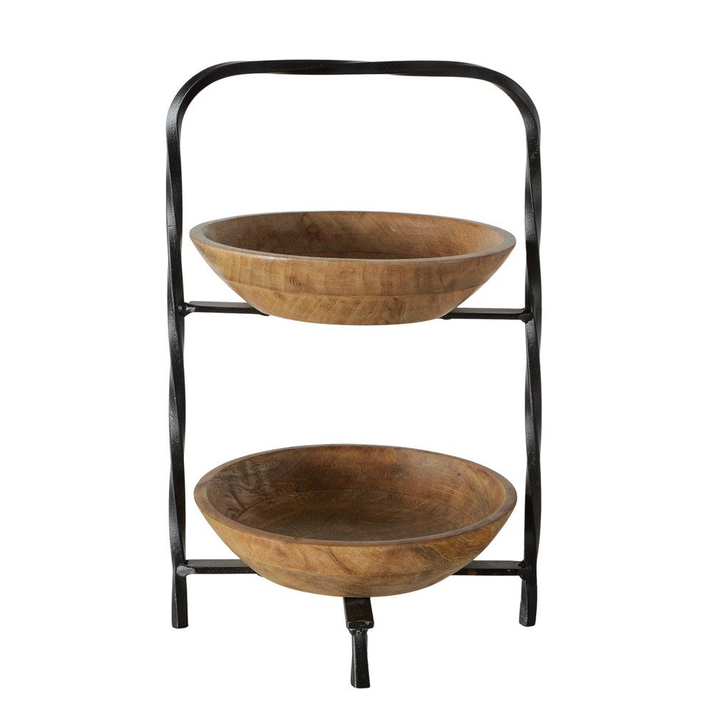 BOLTZE Etagere Etagere ETOS schwarz natur 2-stöckig aus Metall mit Holztellern Farmho