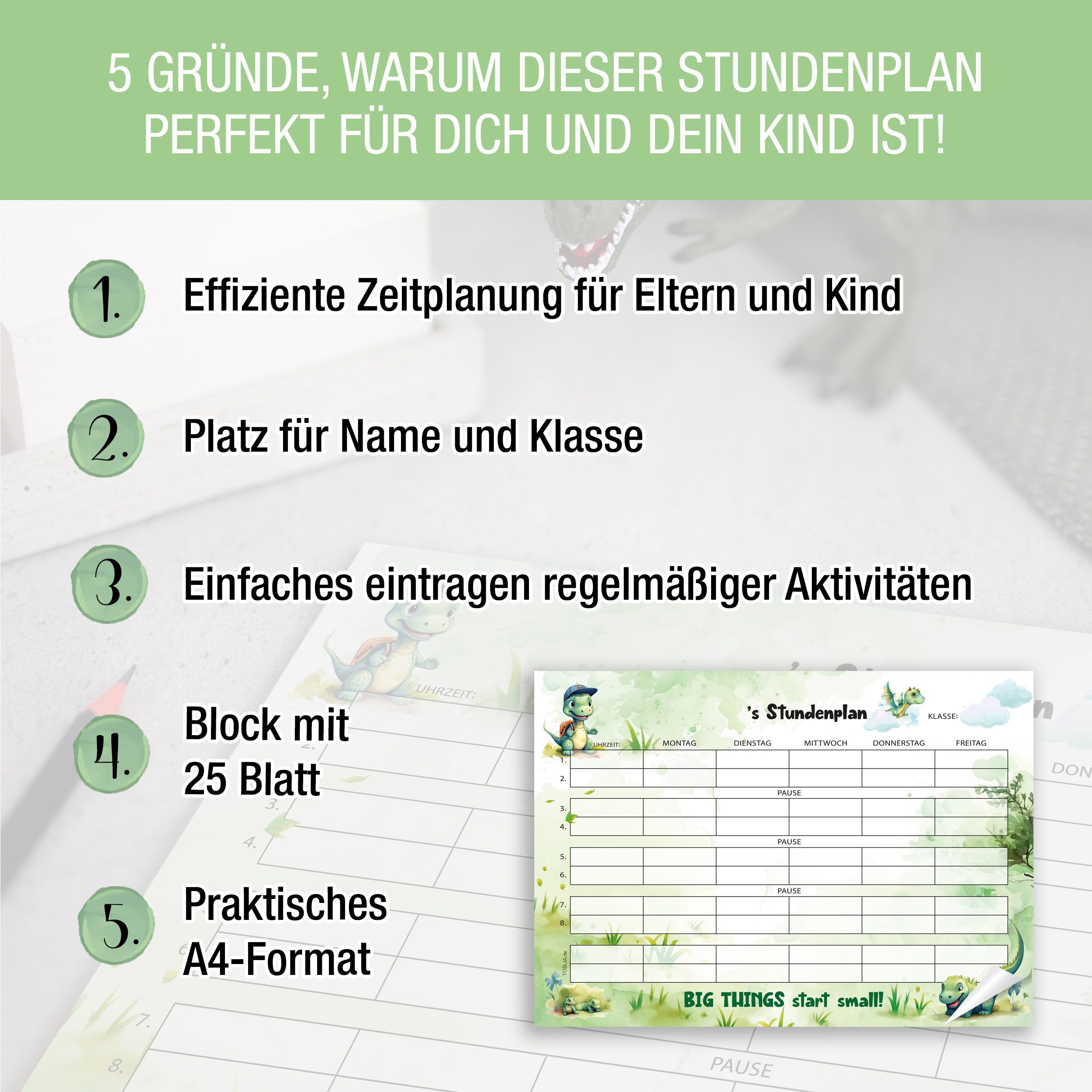 TOBJA Wandkalender Stundenplan Dino Drache - Block 25 Seiten, Stundenplan 1. Klasse, Füllung Schultüte Jungen u. Mädchen