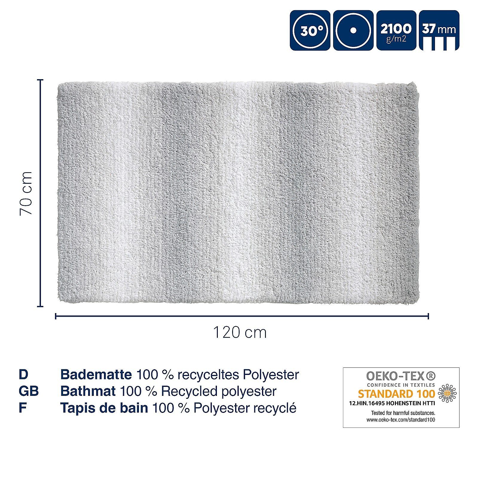 kela Badematte Ombre, Höhe 37 mm, 100%Polyester, rutschhemmend, bei 30°C waschbar, für Fußbodenheizung geeignet
