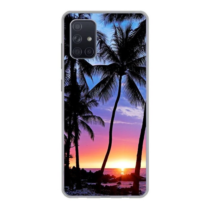 MuchoWow Handyhülle Der farbenprächtige Sonnenuntergang hinter einer Reihe von Palmen auf Handyhülle Samsung Galaxy A51 5G Smartphone-Bumper Print Handy