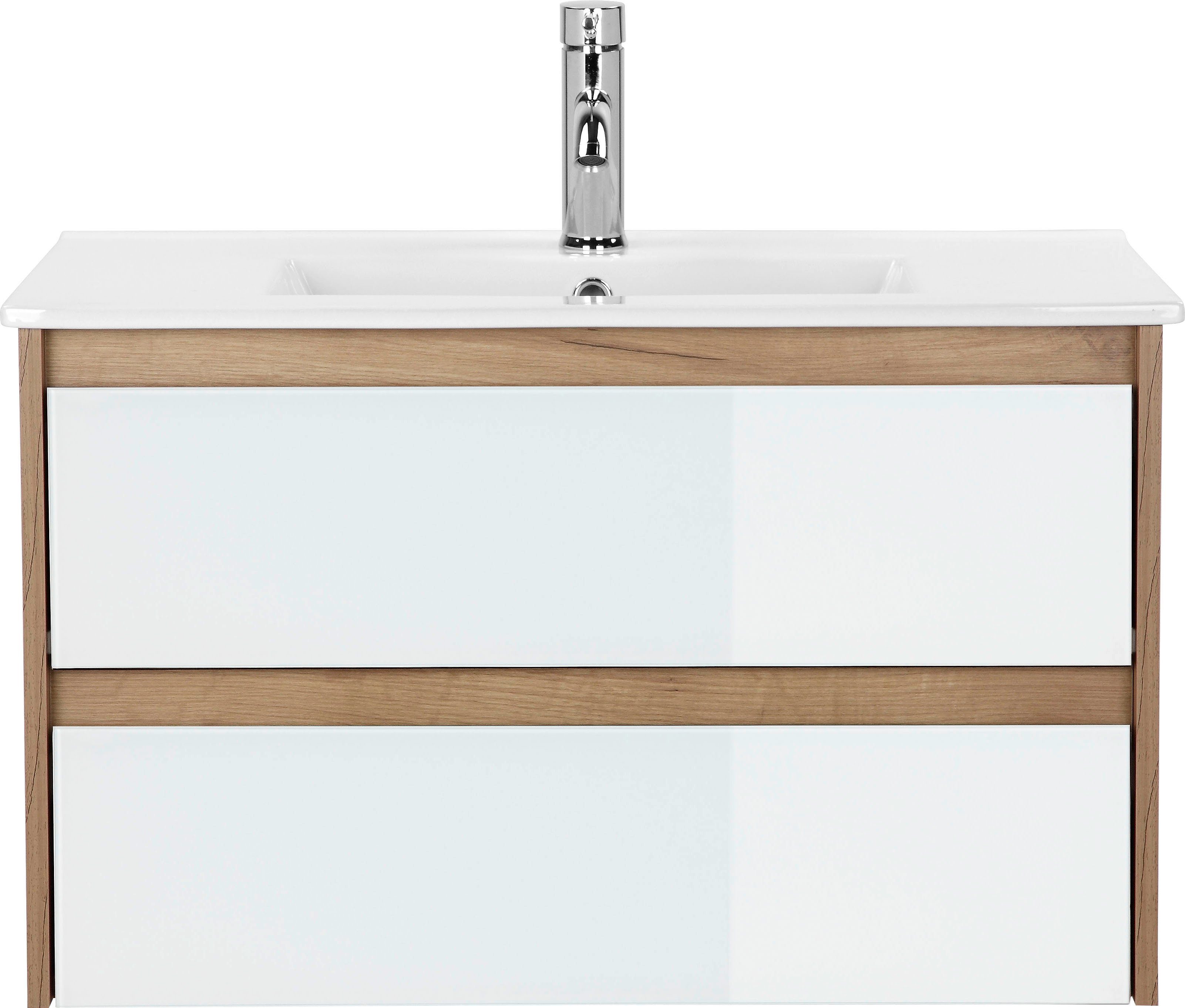 welltime Waschtisch Torun Badezimmerschrank Unterschrank mit Glasfronten und Softclose (Set), Waschplatz mit 2 Schubladen und Waschbecken Breite 80 cm