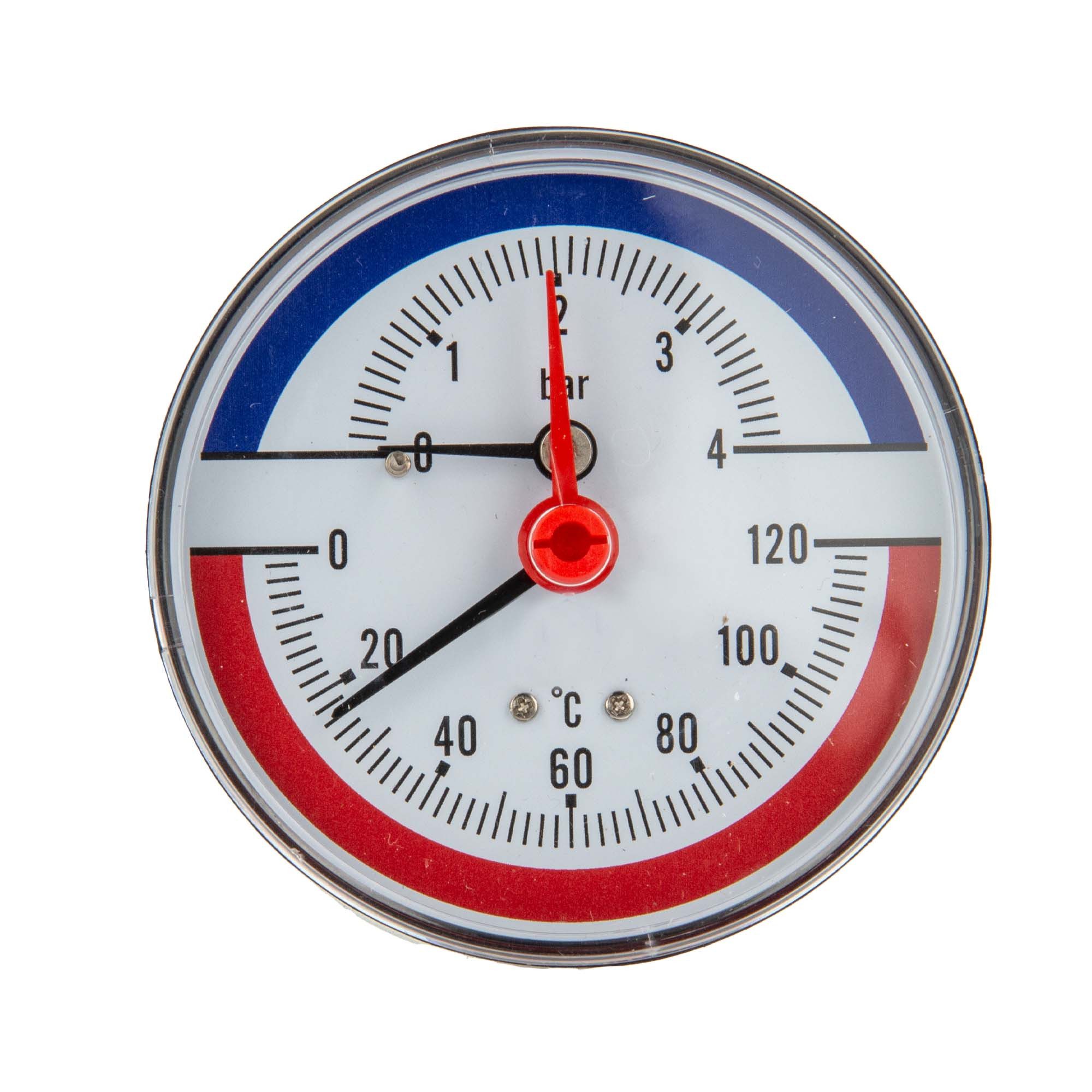 Heizkörper Ø 80 mm Bi-Metall Thermometer 0 - 120°C und Manometer 0-4 bar