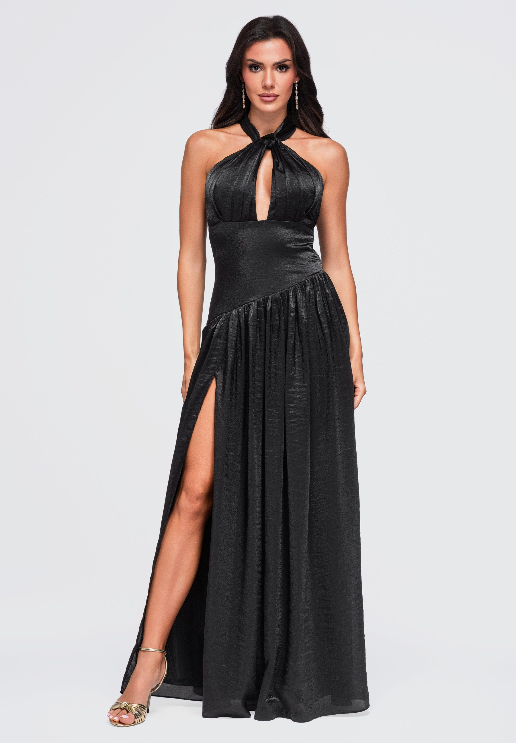 OMBRE Abendkleid Abendkleid mit tiefem V-Ausschnitt und asymmetrischem Saum Schwarz L (kein Set, 1-tlg) in Unifarbe