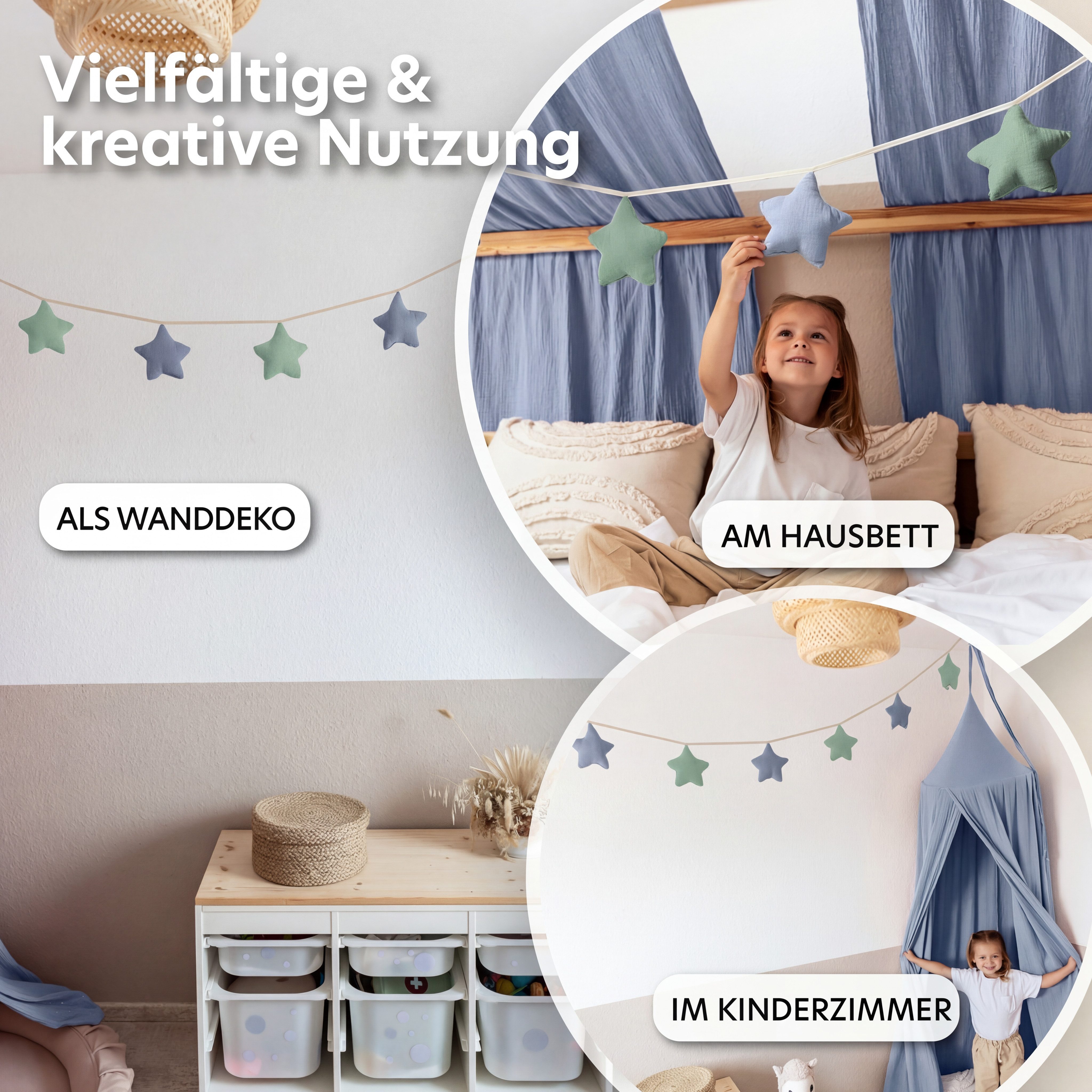 lilimaus Wimpelkette Sternenkette für Kinderzimmer - handgenähte Stoff-Girlande, handgefertigte Stoff-Girlande ca. 300 cm - Wimpel oder Sterne