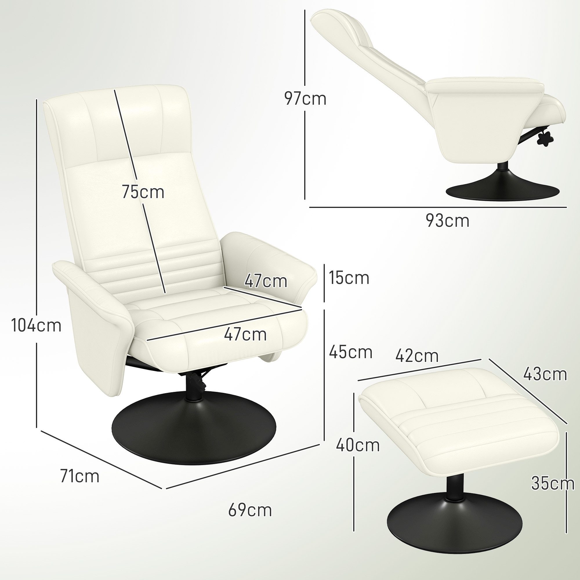 HOMCOM Relaxsessel Hocker, 360°drehbarer, mit Liegefunktion, Gepolstert (Fernsehsessel, 2-St., TV-Sessel), für Wohnzimmer, Schlafzimmer, Mikrofasertuch, Cremeweiß