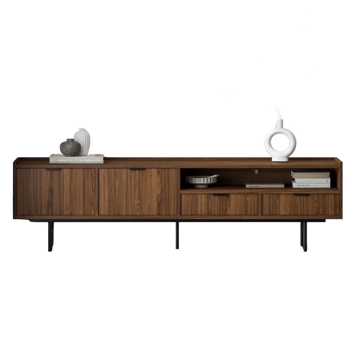 Compleo TV-Schrank 200 cm breit, Nussbaum oder Eiche Hikora, Lowboard mit 2 Schubladen Boho Design