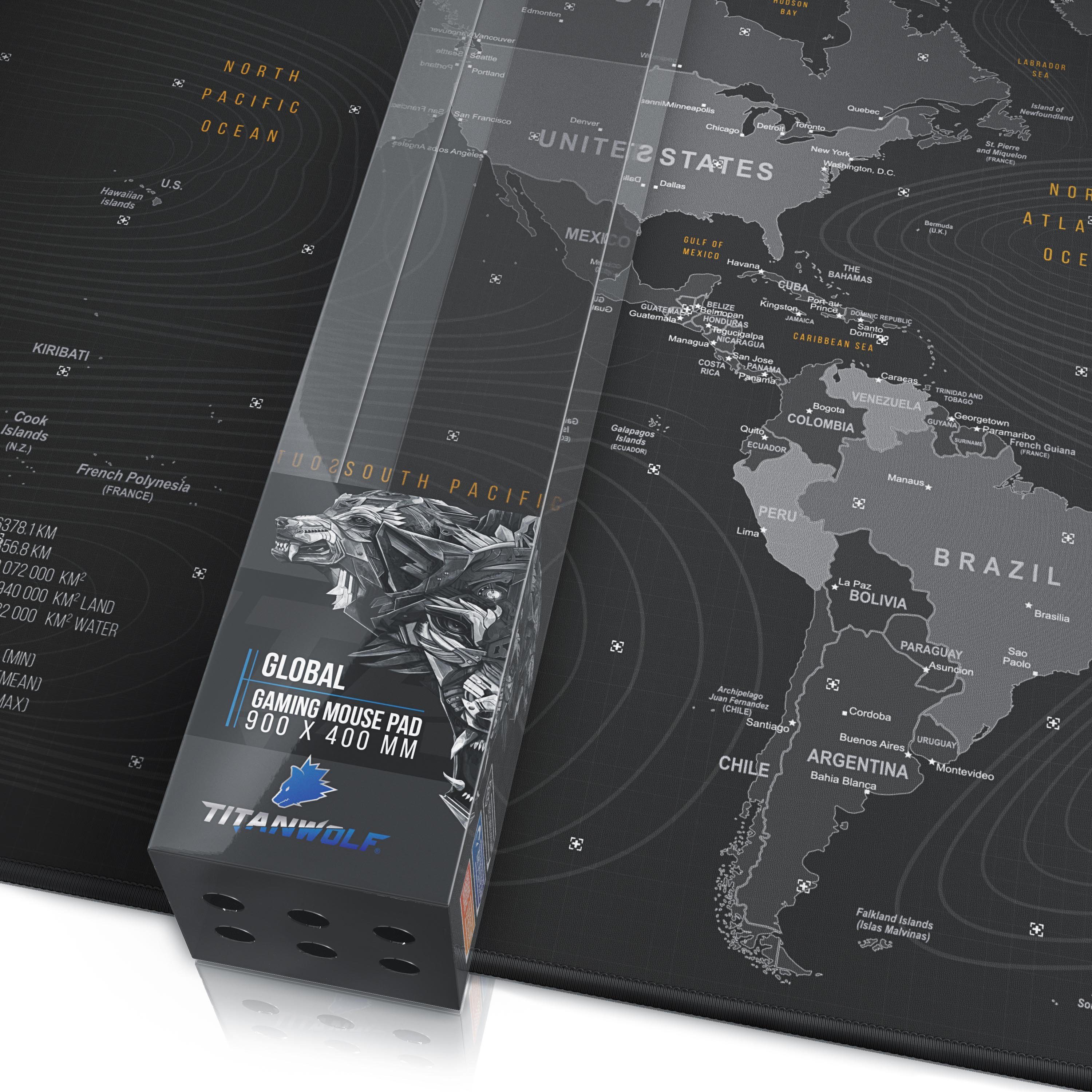 Titanwolf Gaming Mauspad XXL Speed Mousepad 900 x 400 x 3 mm, große Tischunterlage, rutschfest, abwaschbar, Geschwindigkeit & Präzision, Globus I