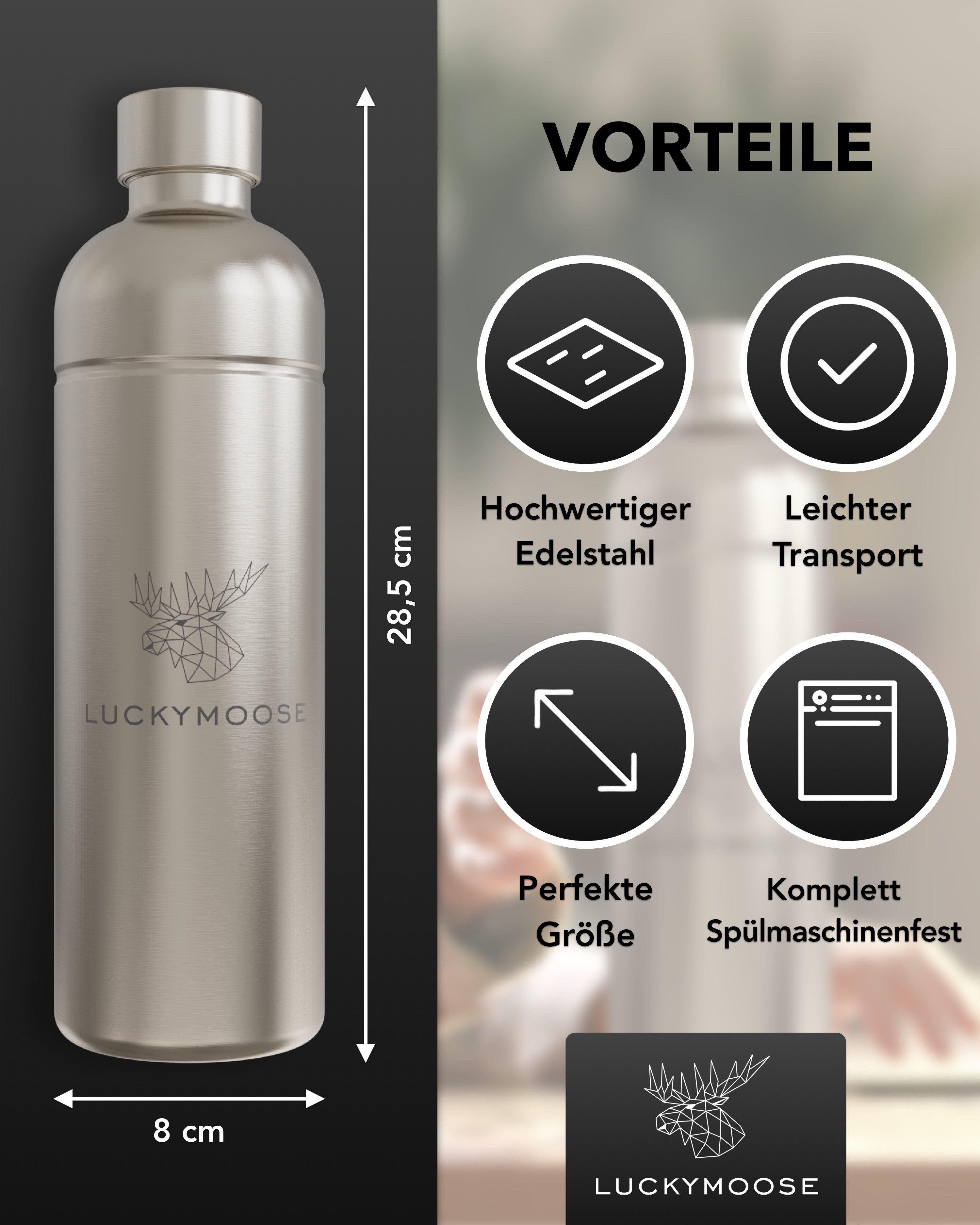 Luckymoose Wassersprudler Flasche Infinity, (für Aarke Carbonator 3, Phlips GoZero & Brita SodaOne), Spülmaschinenfest & ohne Ablaufdatum