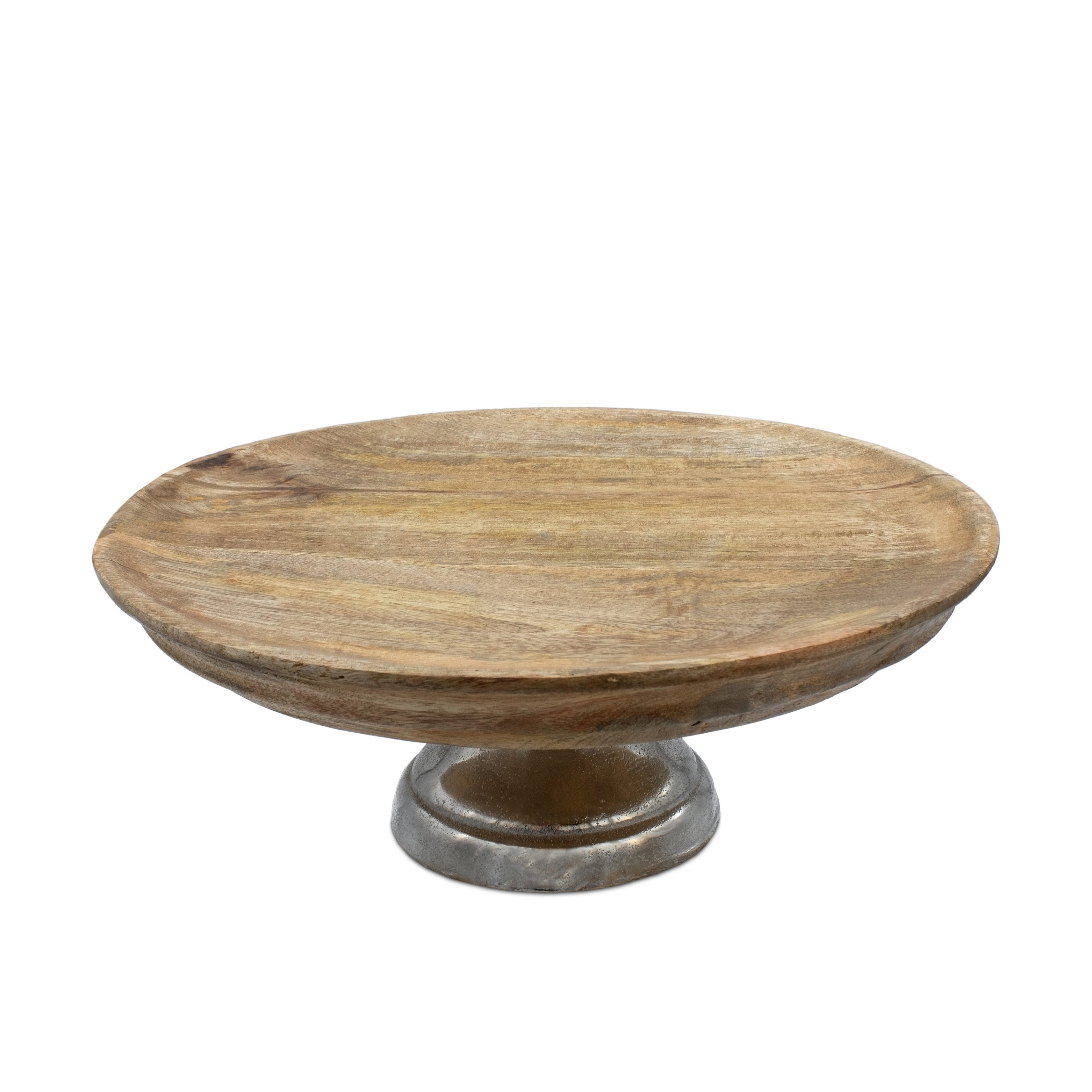 Spetebo Servierteller Mango Deko Teller mit Fuß aus Aluminium - Ø 30 cm, Holz, (Dekorativer Teller, 1-tlg., Inhalt), Holz Servierständer mit Metall Standfuß