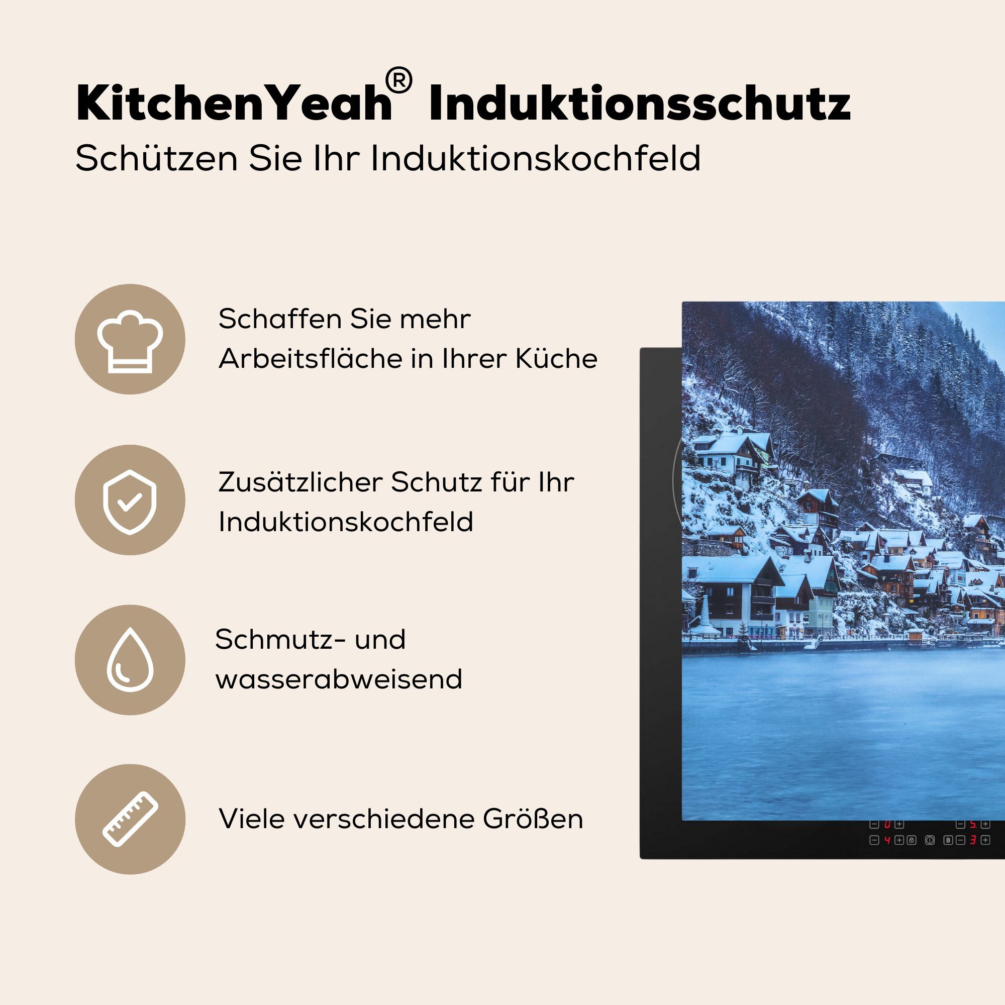 küche, Schnee, Herdblende-/Abdeckplatte die Ceranfeldabdeckung Dorf für (1 Alpen Vinyl, tlg), Induktionskochfeld - Schutz cm, - MuchoWow 81x52